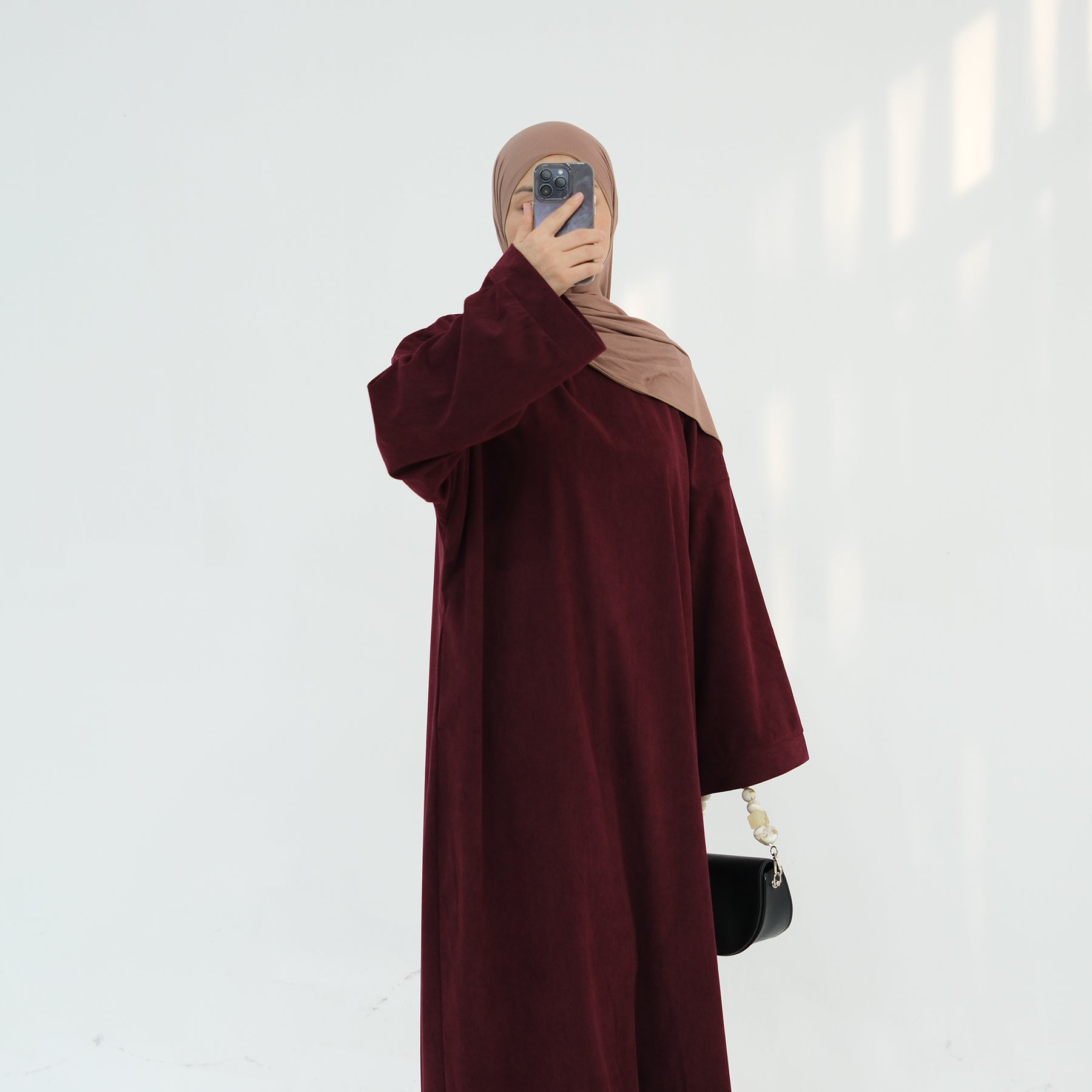 Stylish Annan Corduroy Abaya Dress in Wine Red - Modest Islamic Fashion for Women, Perfect for Prayer, Eid, and Special Occasions