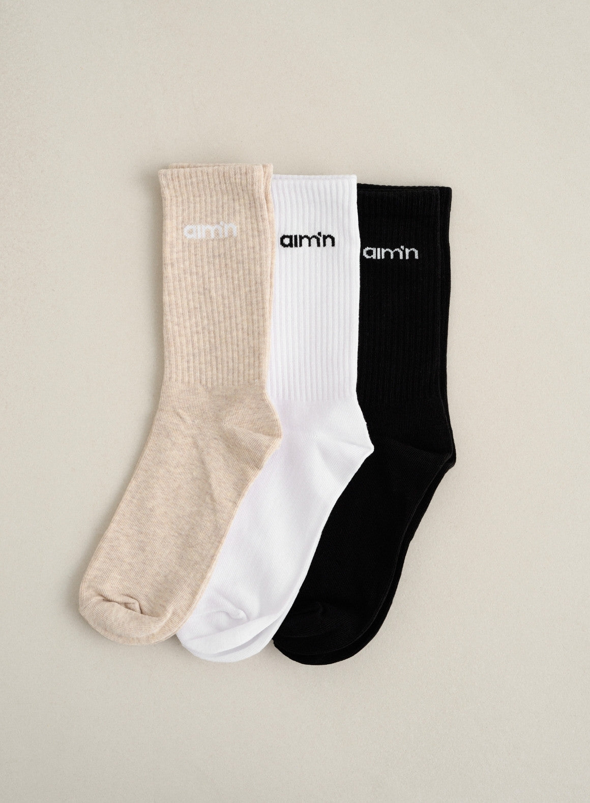 Aim'n Logo Socks 3-Pack - Beige Melange Athletic Crew Socks for Women | Gym, Running & Casual Wear