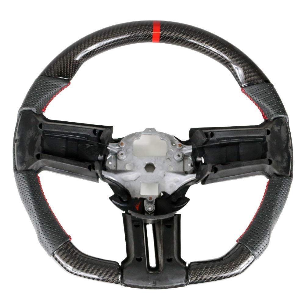 FREEMOTOR802 Carbon Fiber Racing Steering Wheel with Perforated Leather & Red Stitching - Compatible with 2010-2014 Ford Mustang - Red Center Indicator - Perfect for Racing, Track Days & Performance Driving