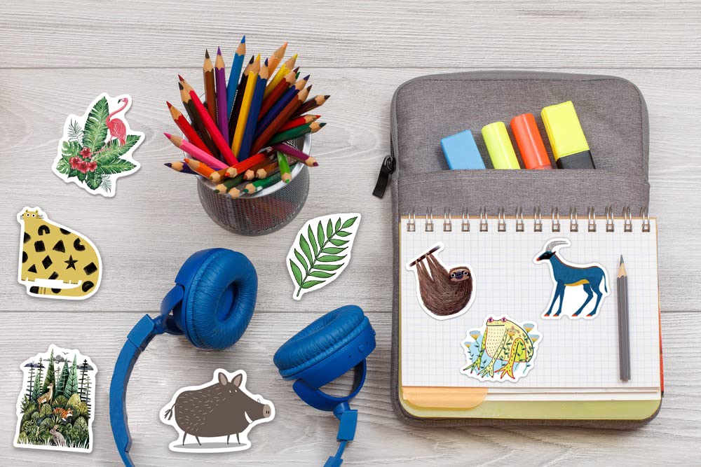Jungle Safari Animals Rainforest Stickers - 50PCS Waterproof Wildlife Animal Stickers for Kids, Water Bottles, Laptops, Scrapbooking, Journaling - Perfect for School Projects, DIY Crafts & Nature-Themed Decorations