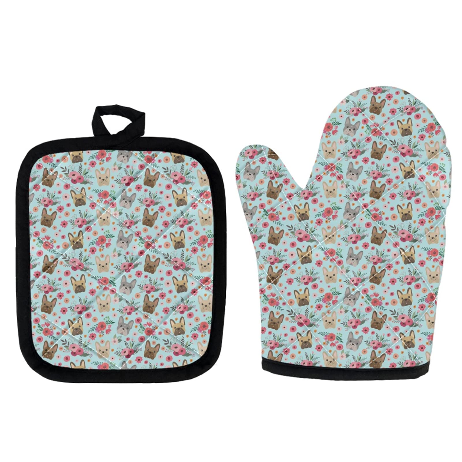 Heat Resistant Oven Mitts & Pot Holders Set - Red Roses & Dogs Print for Kitchen, BBQ, Baking & Grilling - Perfect for Cooking, Baking & Outdoor Grilling Safety