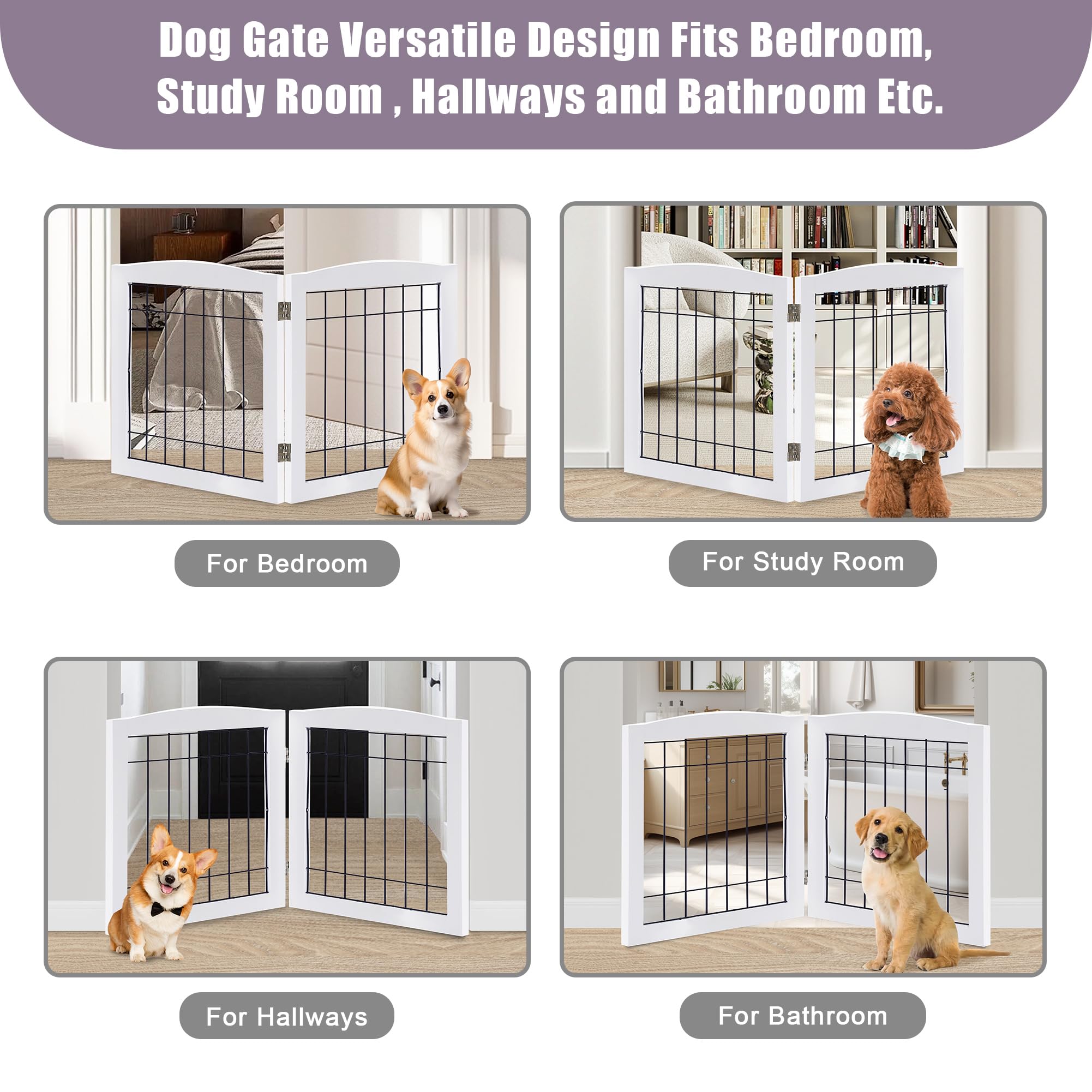 LZRS 2-Panel Freestanding Foldable Wooden Dog Gate with Steel Wire - Chew-Resistant Pet Barrier for Small to Medium Dogs - Solid Wood Construction in White - Perfect for Doorways, Hallways and Staircases (Indoor Use)