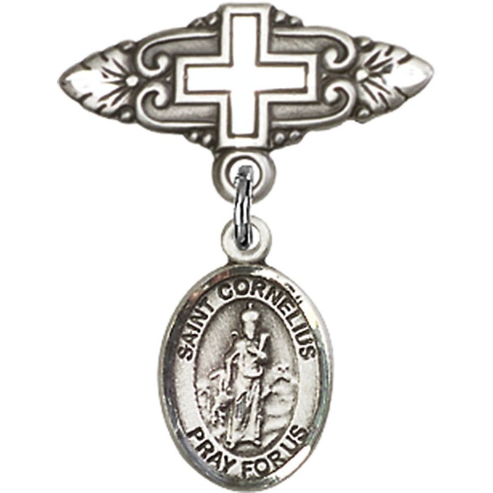 St. Cornelius Sterling Silver Baby Badge with Cross Charm - 1 x 3/4 Inch Religious Pin for Christening, Baptism & First Communion Gifts