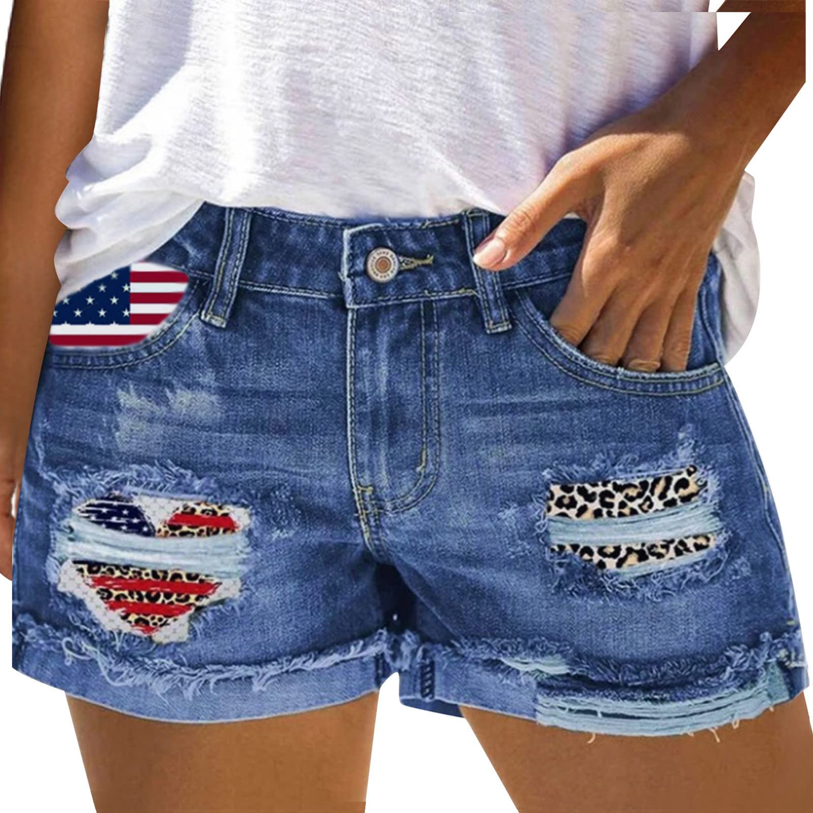 Women's Ripped Distressed Denim Shorts - USA Flag Print & Patchwork Design, Stretch Flared Fit with Pockets | Trendy Casual Summer Outfit for Beach, Party & Streetwear