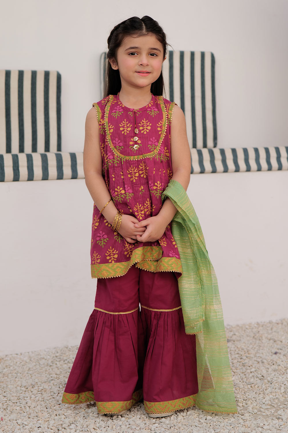 Elegant Cotton Dobby Dye Over Gold Print Magenta Stitched Suit for Senorita | Women's Formal Wear for Parties & Special Occasions