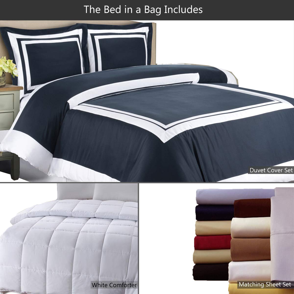 8-Piece King Size Hotel Bed-in-A-Bag Set - 100% Cotton 300TC Navy & White Duvet Cover with Matching Sheets + Down Alternative Comforter | Luxury Bedding for Master Bedroom, Guest Room & Vacation Homes