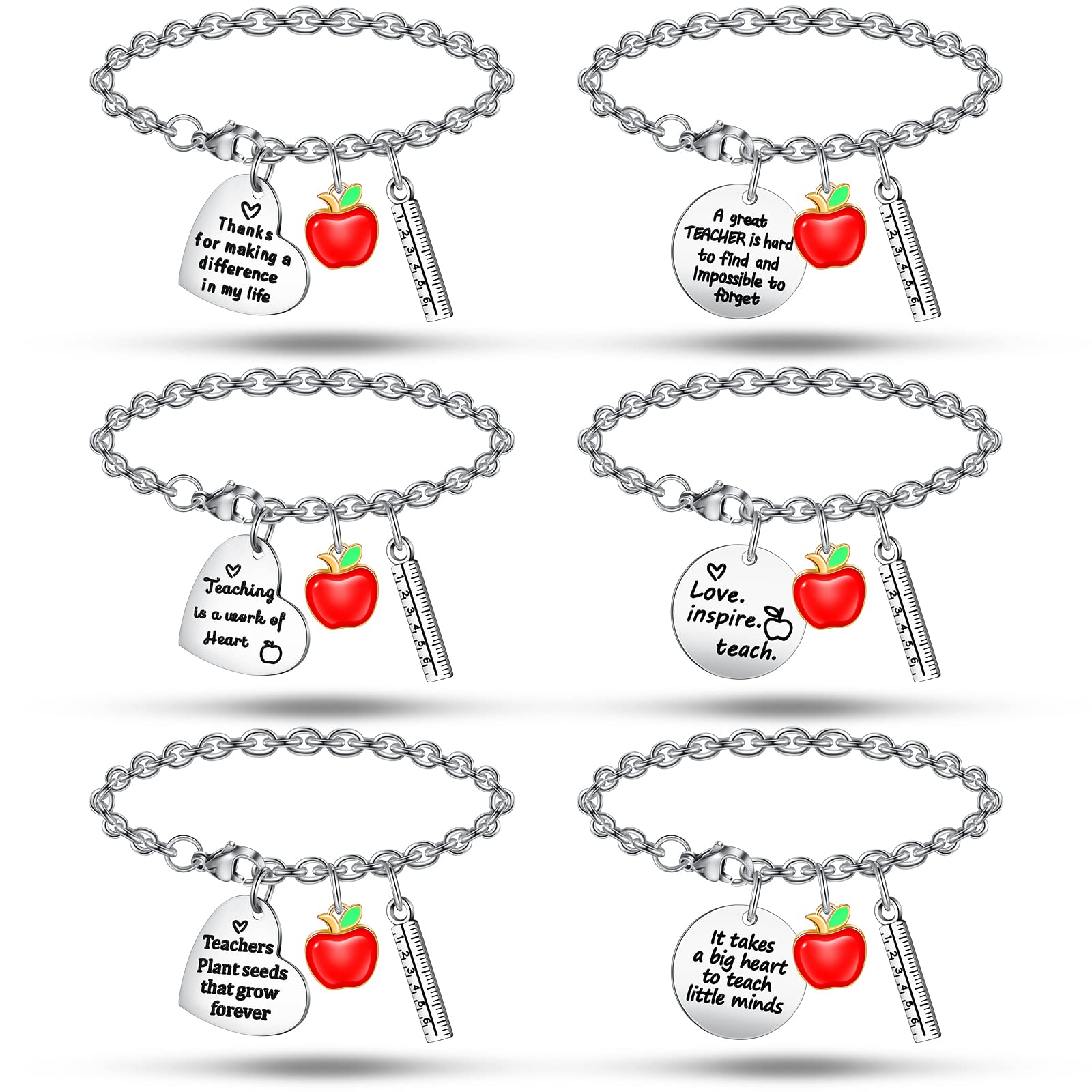 6-Piece Stainless Steel Teacher Appreciation Bracelets Set - Elegant Jewelry Gifts for Women Educators, Christmas & End of Year Thank You Present - Perfect for Classroom Rewards, Teacher's Day & Retirement Celebrations