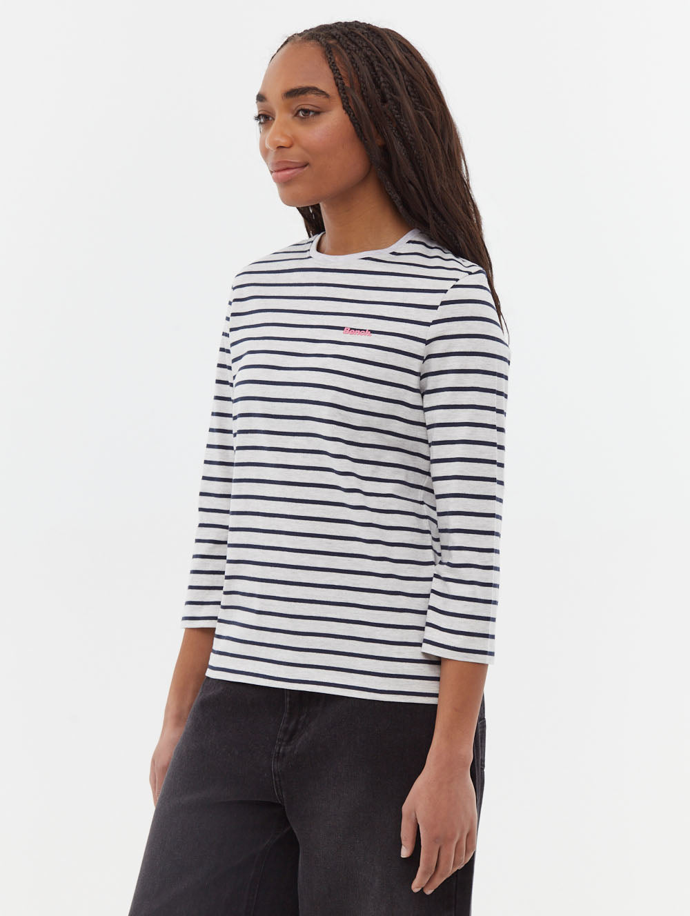 Lesedi 3/4 Sleeve Striped T-Shirt for Women - Casual Comfort Fit Cotton Top for Everyday Wear, Outings & Layering
