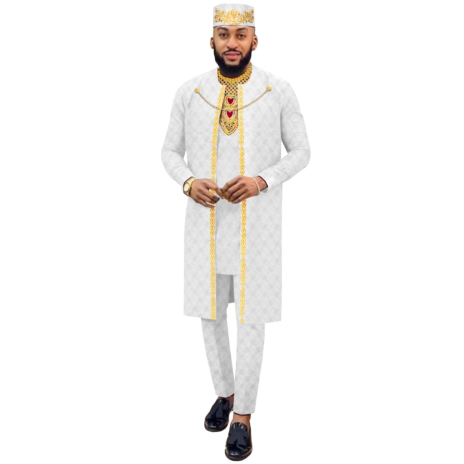 African Dashiki Outfits for Men - 4 Piece Set with Embroidered Jacket, Shirt, Pants & Hat | Traditional Wedding & Evening Wear | Cultural Attire for Special Occasions