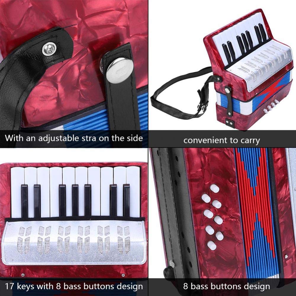17 Key 8 Bass Button Focket Piano Accordion - Lightweight Educational Concertina for Beginners & Kids | Solo & Ensemble Performance | Includes Manual (Red) | Perfect for Music Lessons, Home Practice & Live Performances