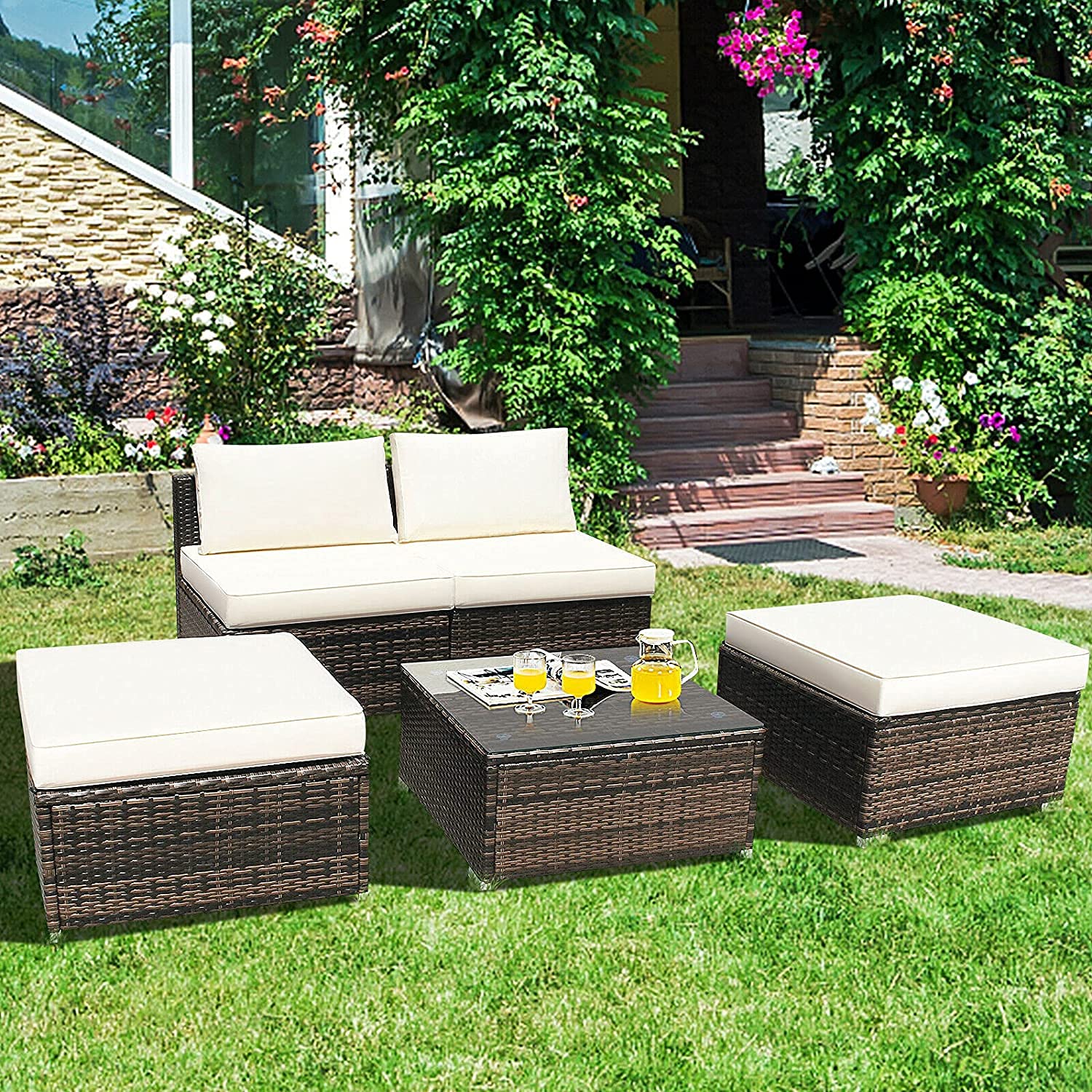 5-Piece Outdoor Chaise Lounge Set with Ottoman & Coffee Table - Rattan Wicker Daybed Conversation Sofa with Cushions for Garden, Balcony, Poolside & Backyard - Perfect for Relaxing, Sunbathing and Outdoor Entertaining