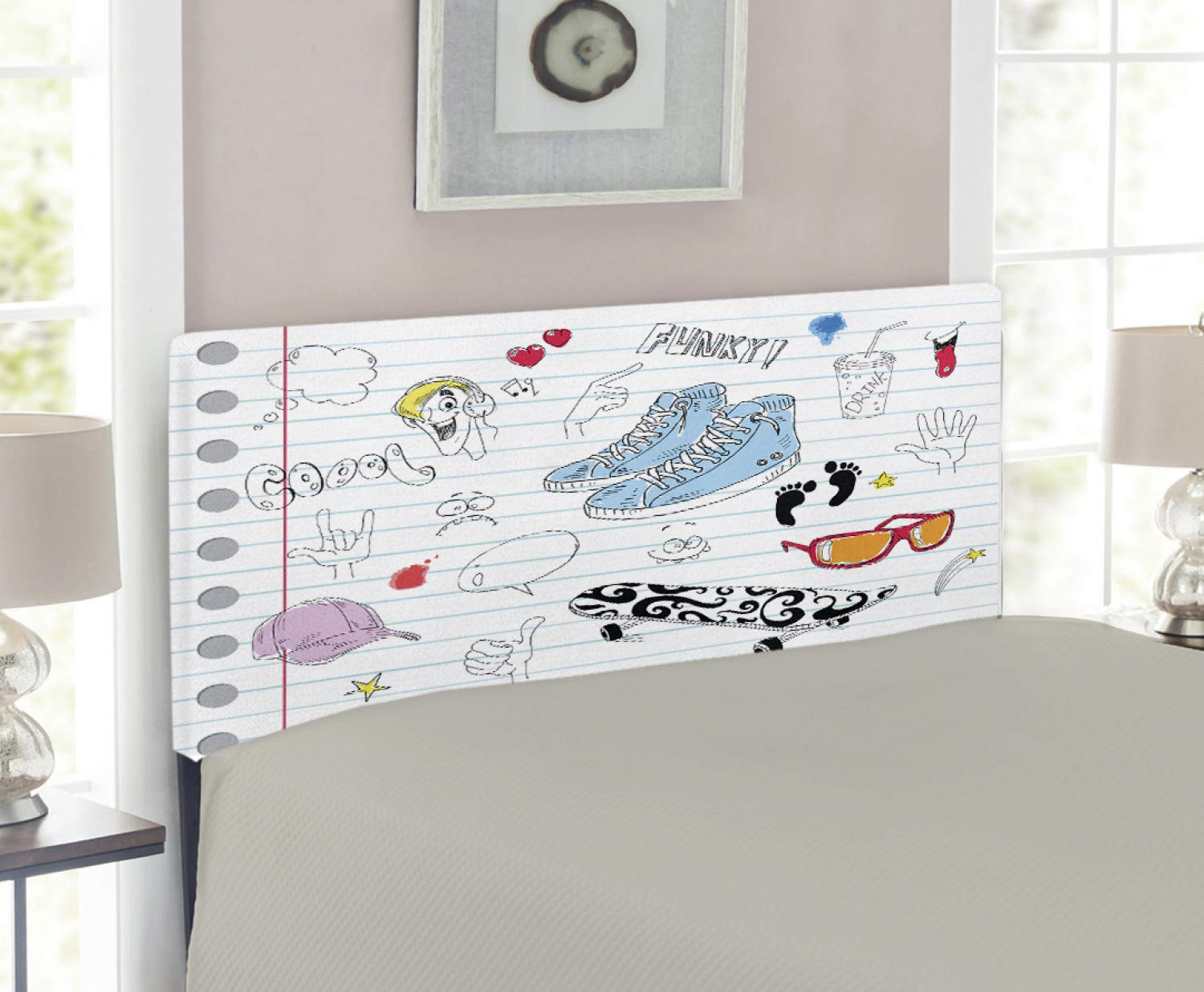 Ambesonne Hipster Upholstered Headboard - Funky Notebook Design with Skateboard & Shooting Star Drawings, Twin Size Memory Foam Bed Headboard in Black Pale Blue Ginger | Perfect for Teen Bedrooms, Dorm Decor & Bohemian Style Spaces