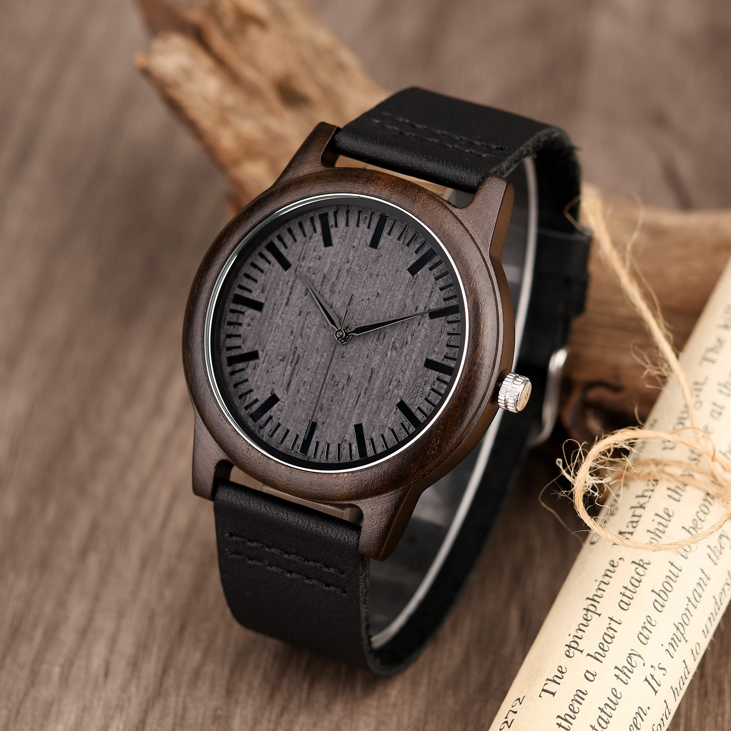 Personalized Engraved Wood Watch for Men - Ebony Wood & Leather Strap - Anniversary, Birthday Gift for Husband, Boyfriend, Dad - Best Man & Groomsmen Watch - Perfect for Weddings, Formal Events & Everyday Wear