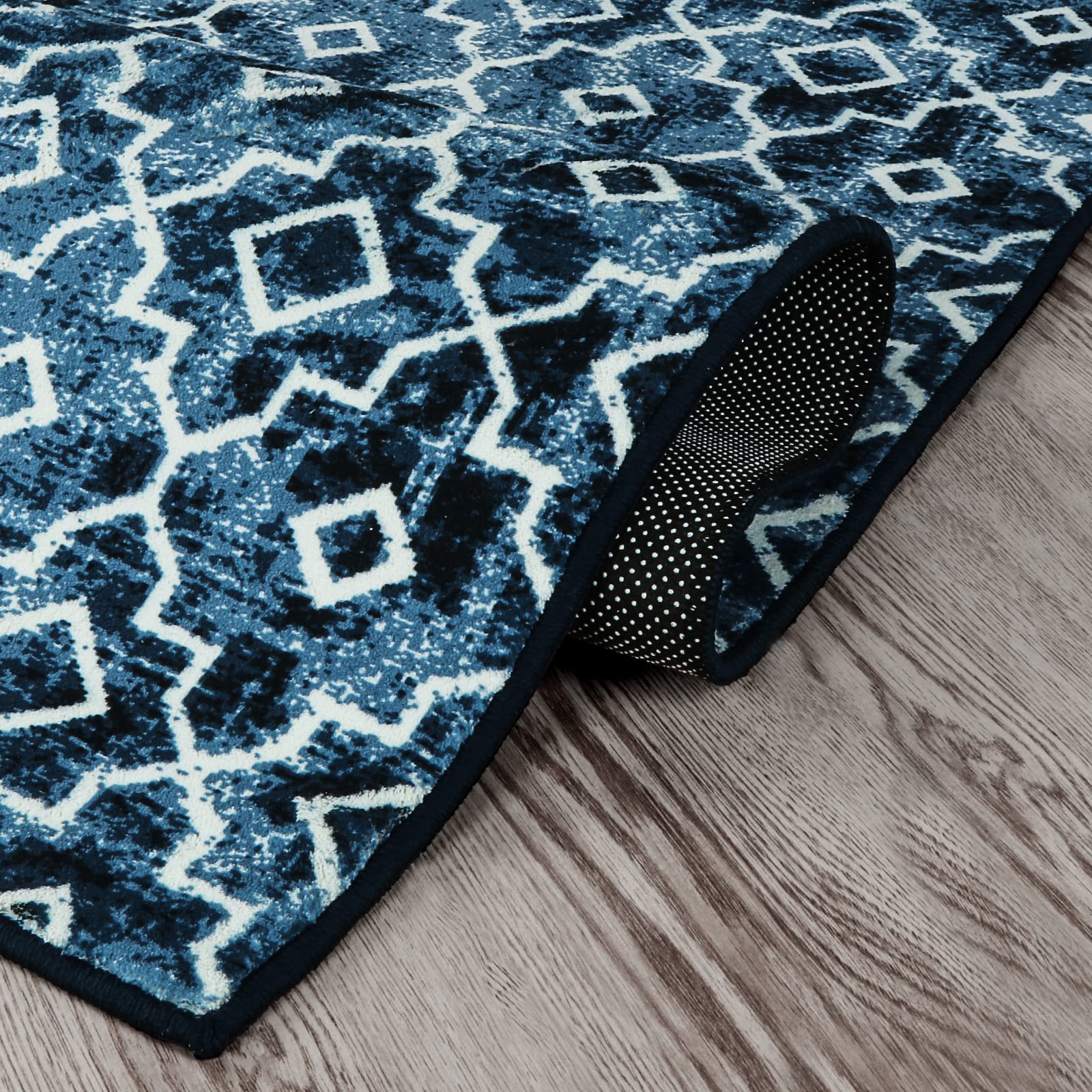 Wonnitar Moroccan Washable Runner Rug 2x6 - Non-Slip Blue Hallway Rug, Distressed Entryway Carpet with Modern Geometric Trellis Design - Perfect for Bathroom, Bedroom, Laundry Room & High-Traffic Areas (Post Blue, 2'x6')
