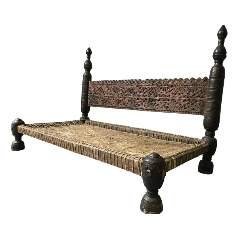 Hand Carved Vintage Wooden Sofa Bench - Rustic Entryway Seating & Decorative Hallway Furniture for Home Decor