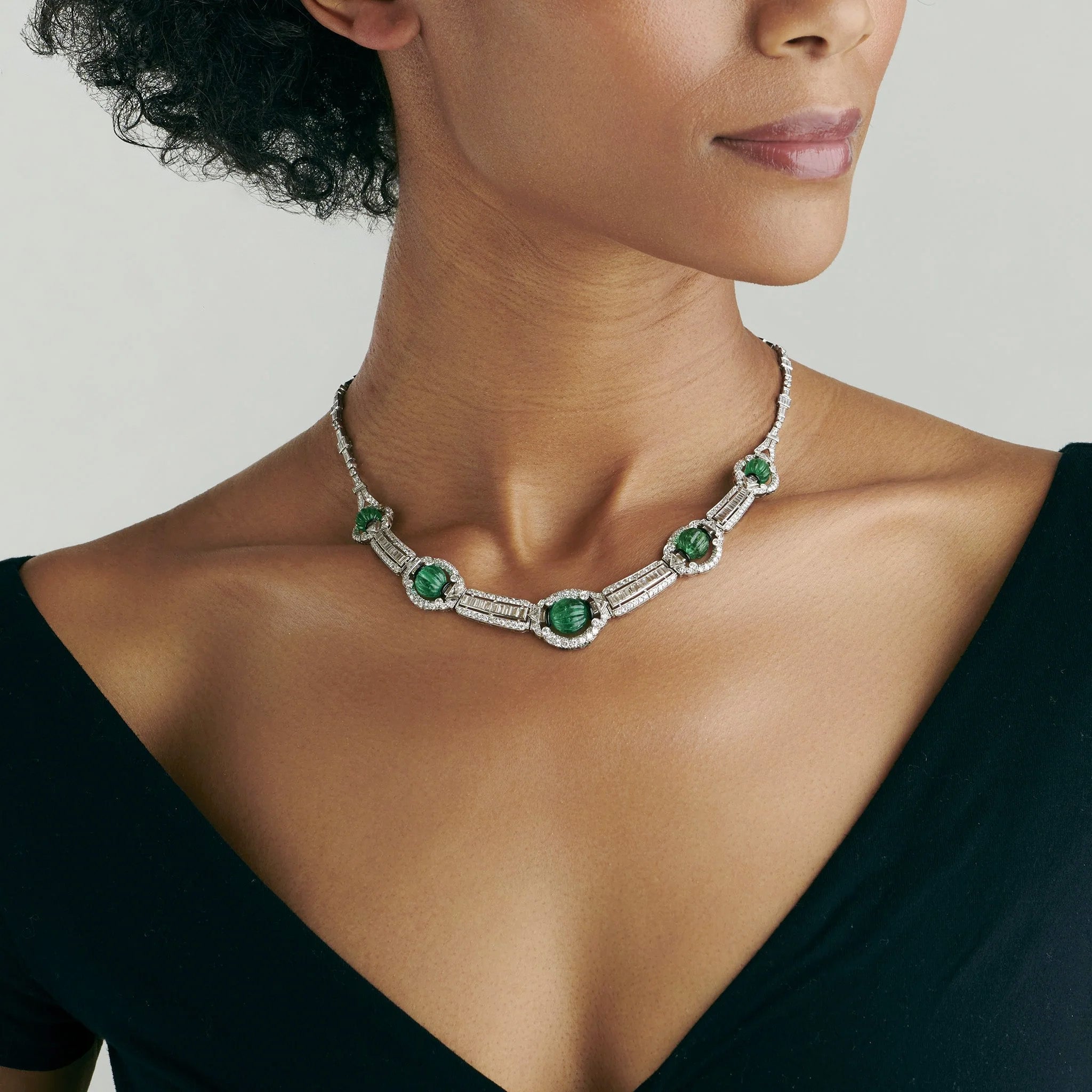 Exquisite Carved Emerald Bead & Diamond Choker Necklace | Elegant Statement Jewelry for Women | Perfect for Weddings, Parties & Special Occasions