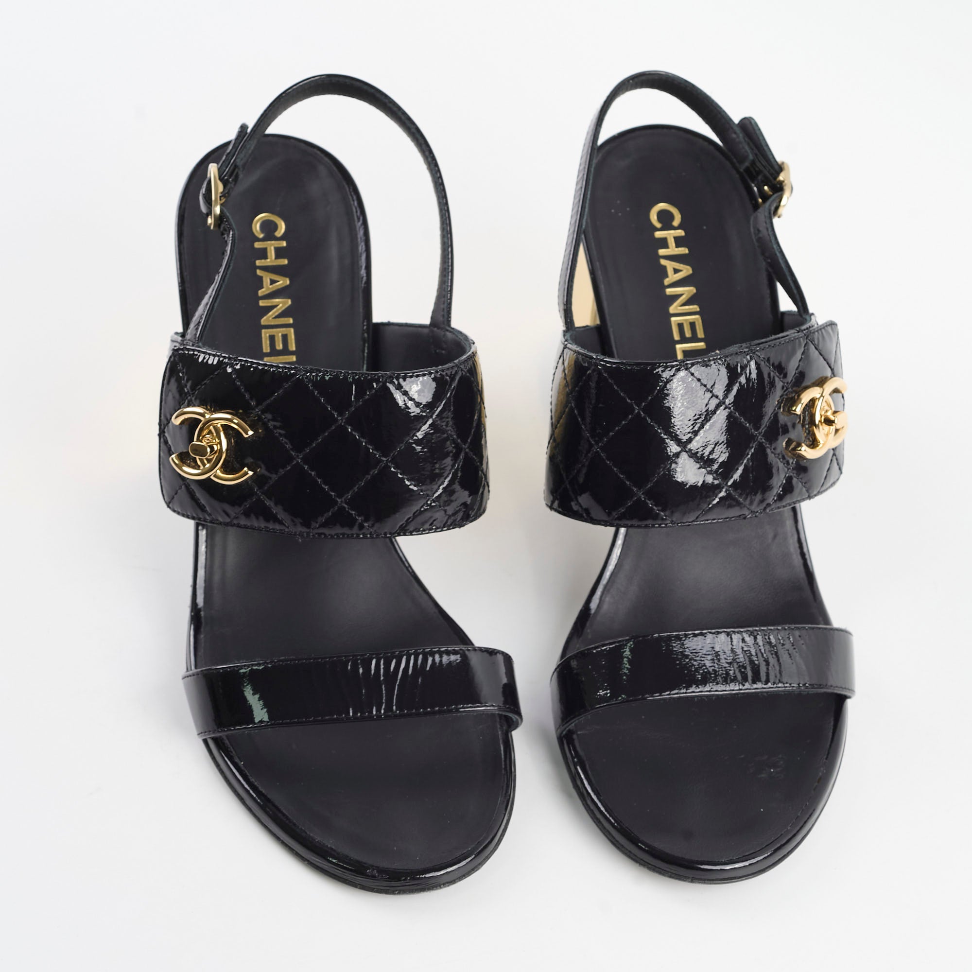 Chanel Patent Leather Quilted Turnlock Sandals for Women - Black/Gold - Size 40.5C (US 10) - Luxury Designer Heels for Parties, Weddings & Evening Events