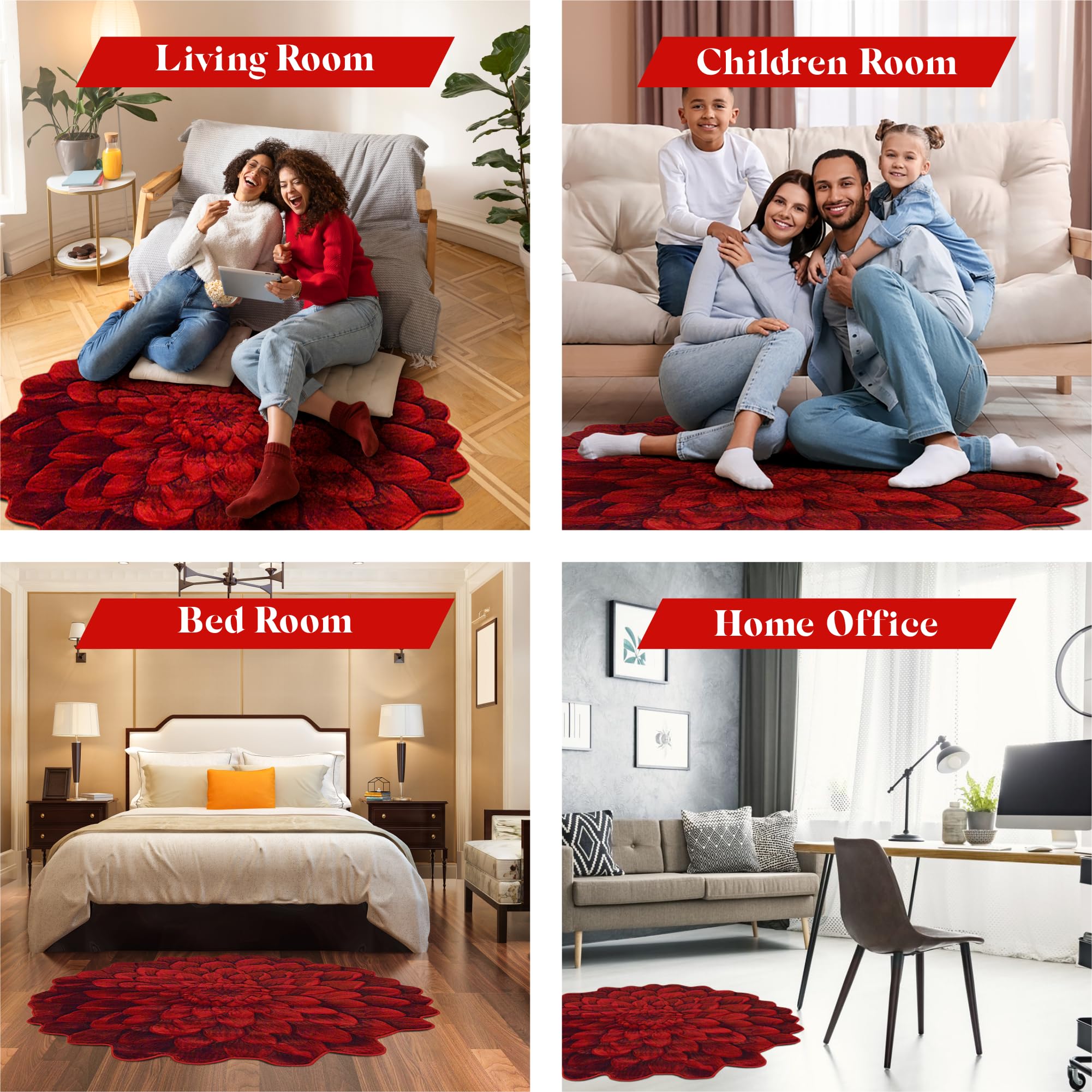 5ft Round Flower Shaped Area Rug - Soft Plush Girly Circle Carpet for Bedroom & Living Room - Vibrant Red Home Decor (Perfect for Boho Chic Decor, Kids Room & Nursery Flooring)