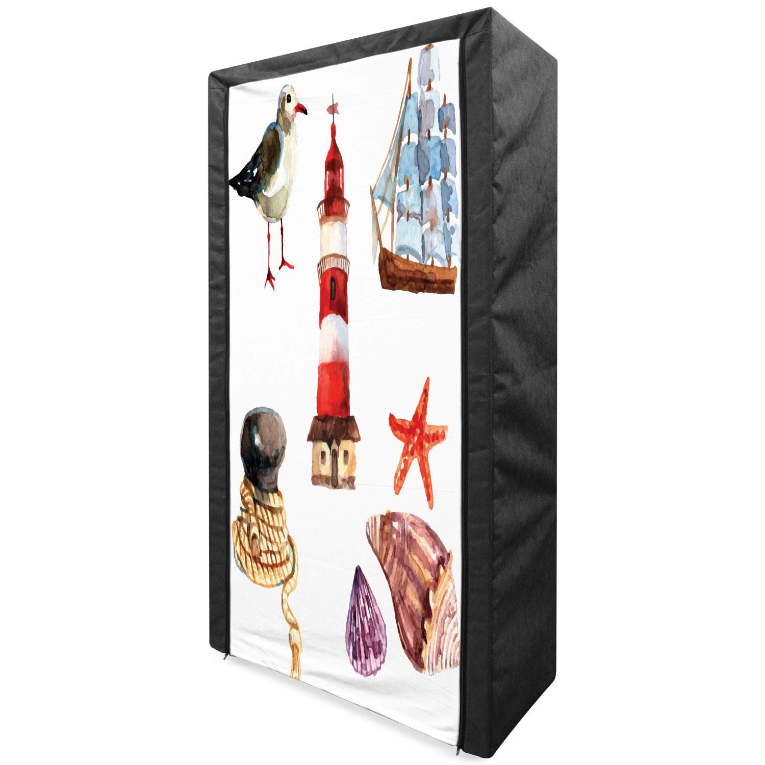 Ambesonne Nautical Portable Fabric Wardrobe - Watercolor Seagull Boat Lighthouse Design, 33.5