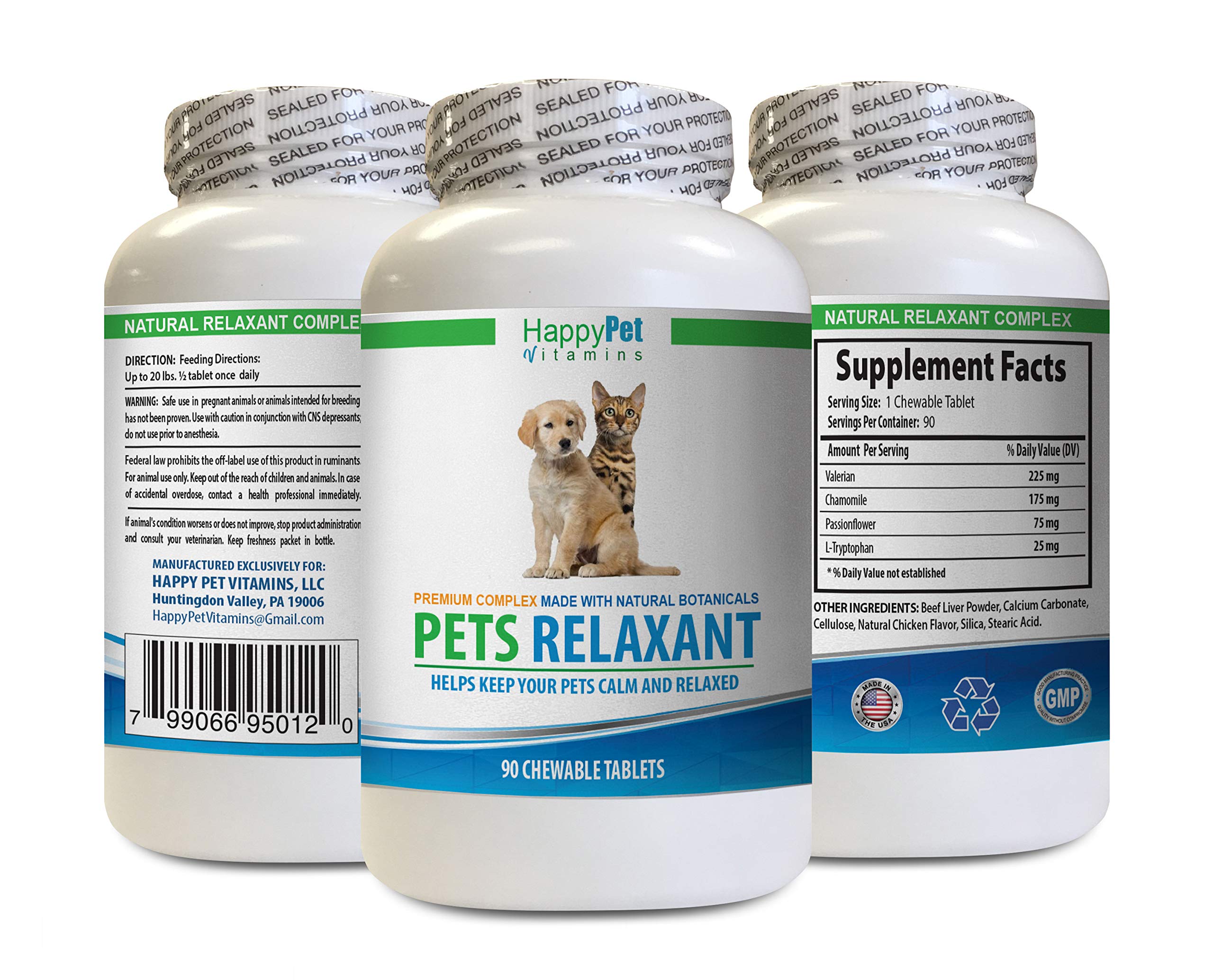 Natural Dog Anxiety Relief Treats with Valerian Root - Calming Formula for Aggressive, Stressed Pets - 90 Chews per Bottle - Safe for Dogs & Cats - Perfect for Thunderstorms, Travel & Separation Anxiety