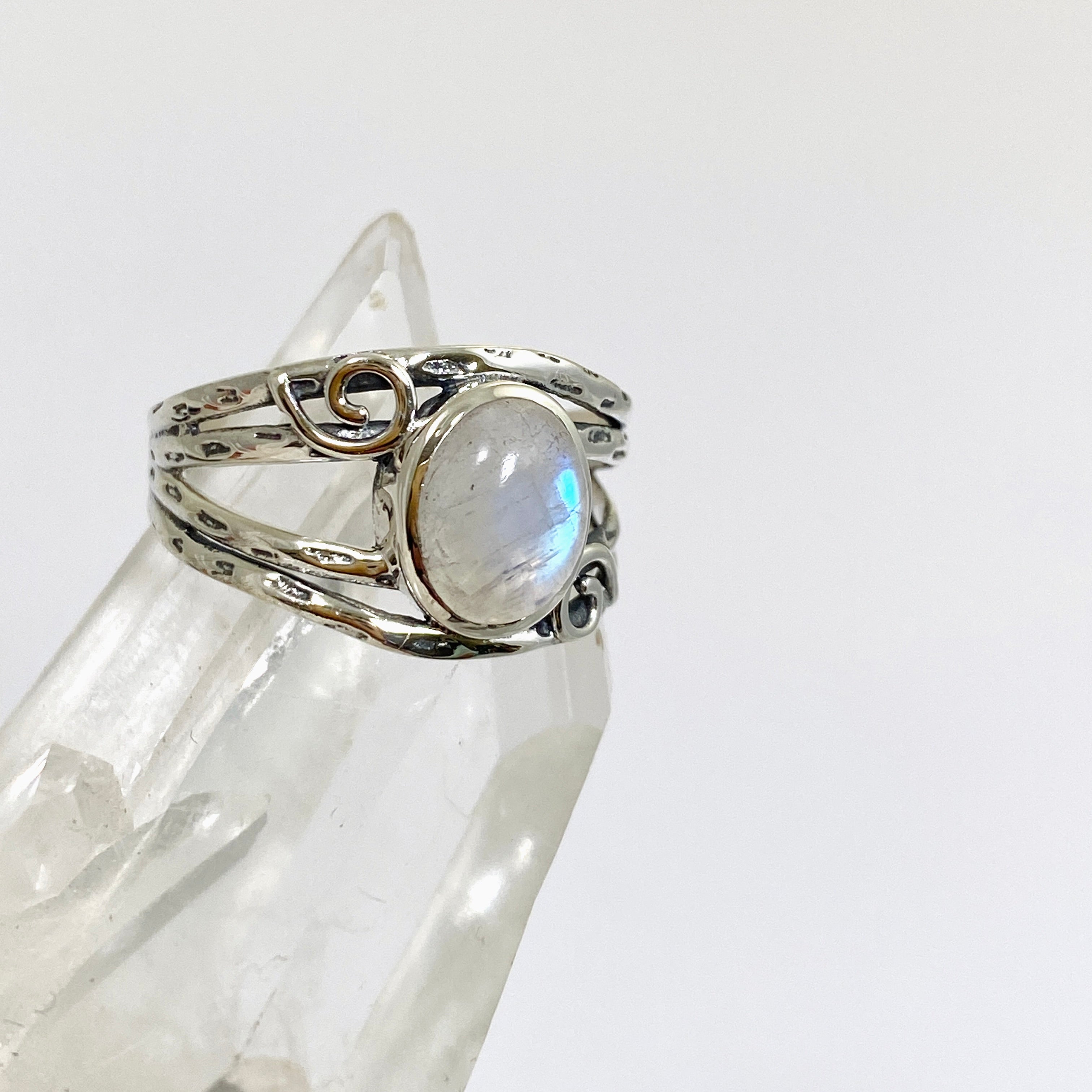 Moonstone Oval Cabochon Ring in Decorative Sterling Silver Setting R4025 - Elegant Jewelry for Women, Perfect for Weddings, Parties & Special Occasions