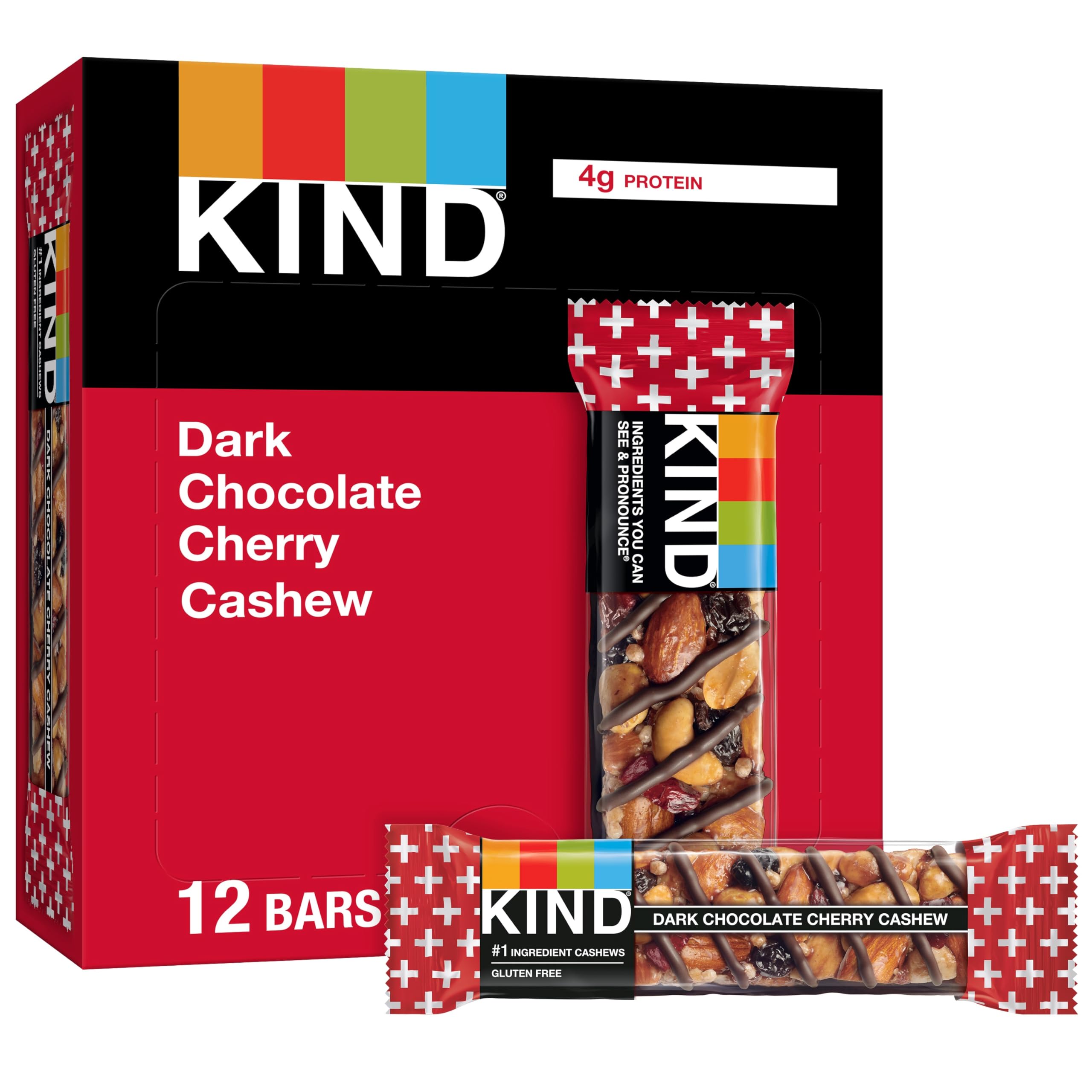KIND Bars, Dark Chocolate Cherry Cashew - Healthy Gluten Free Snack Bars (12 Count) | On-the-Go Nutrition for Work, Hiking & Travel