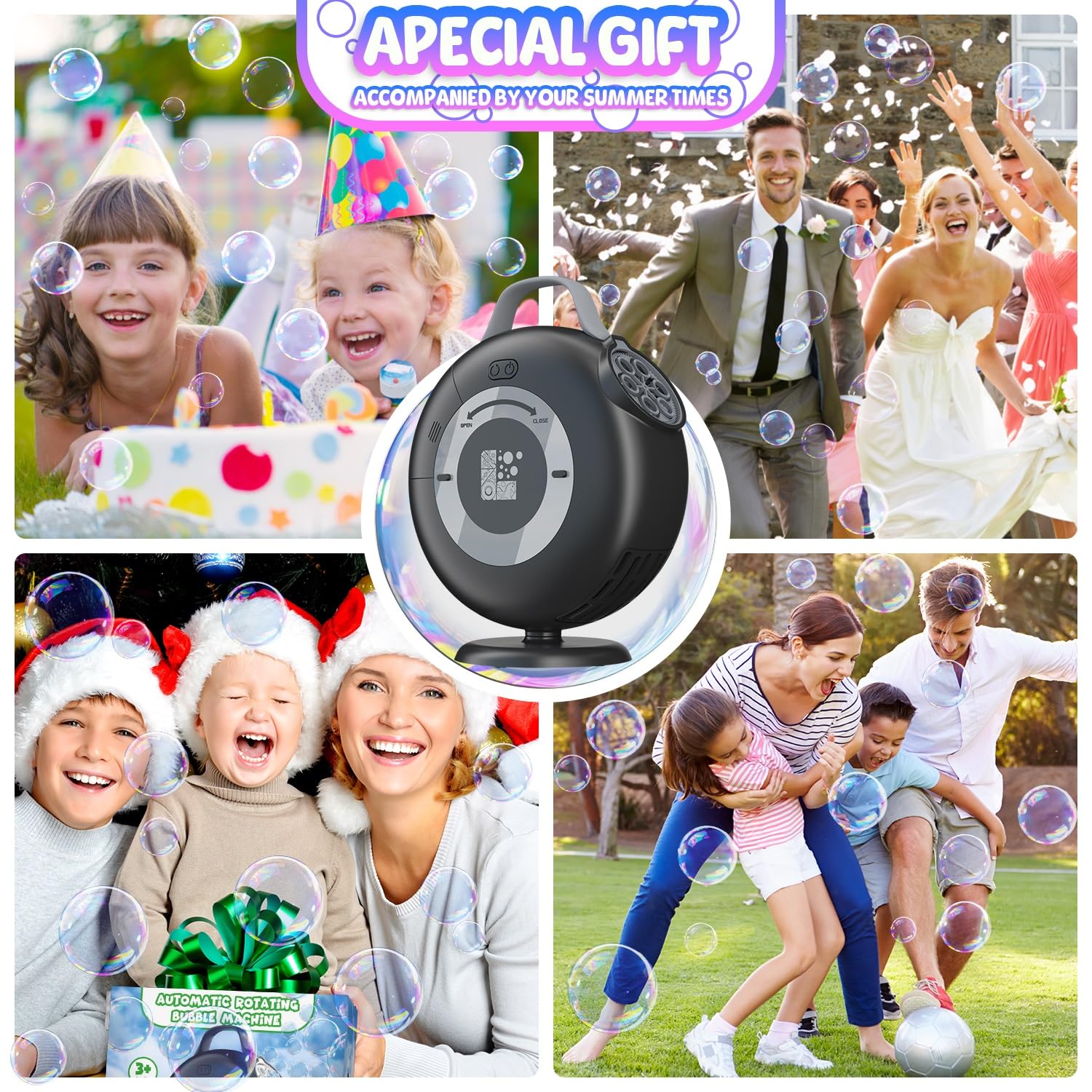 Automatic Bubble Blower Machine for Kids - 8000+ Bubbles Per Minute, 90°-200° Adjustable Oscillation, Electric Plug-in or Battery Powered Bubble Maker Toy for Outdoor Birthday Parties, Garden Play & Summer Fun - Black