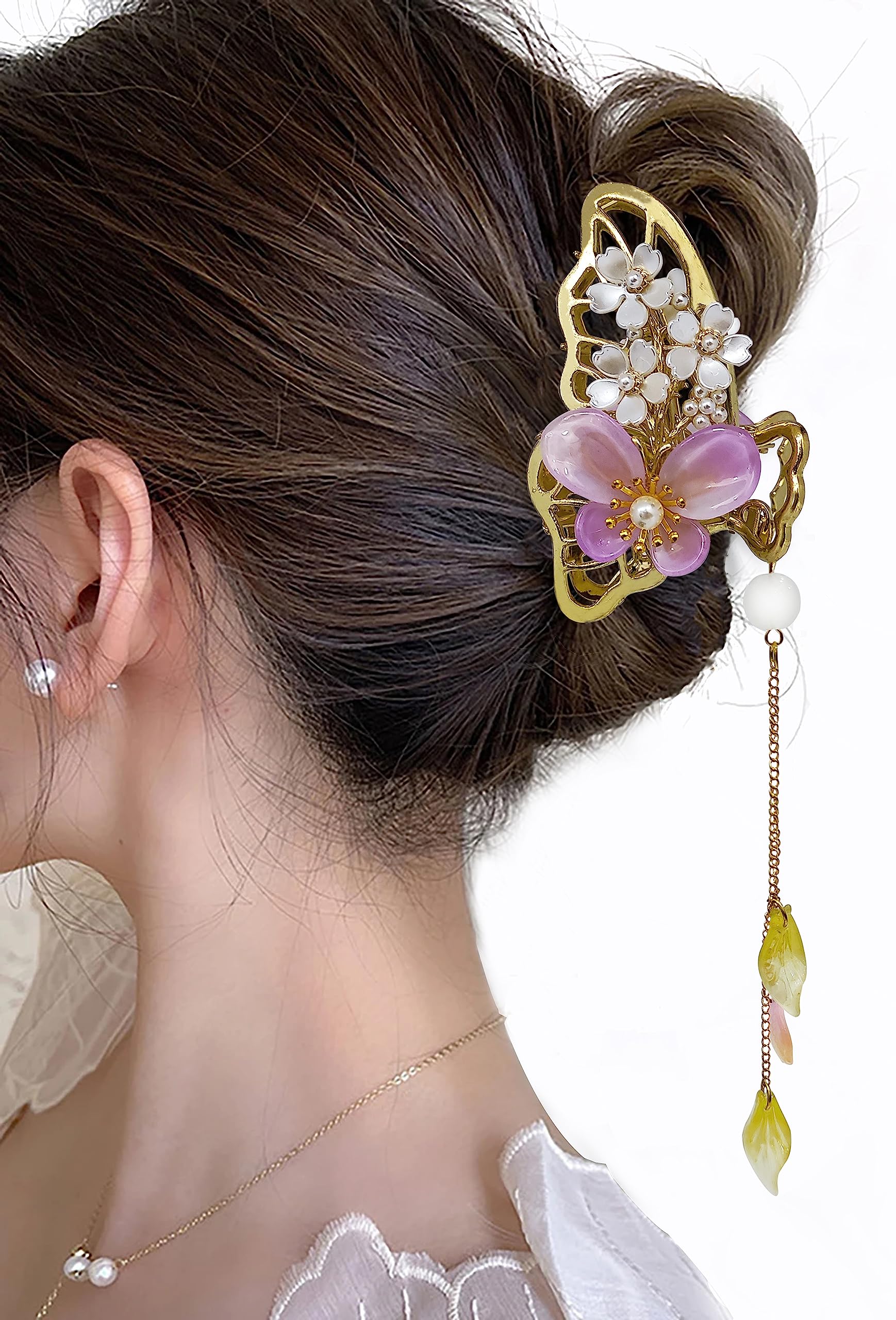 Golden Rhinestone Butterfly Floral Hair Claw Clip - Large Metal Hair Clutch for Women & Girls - Elegant Hair Accessories for Parties, Weddings & Daily Styling - Pack of 1