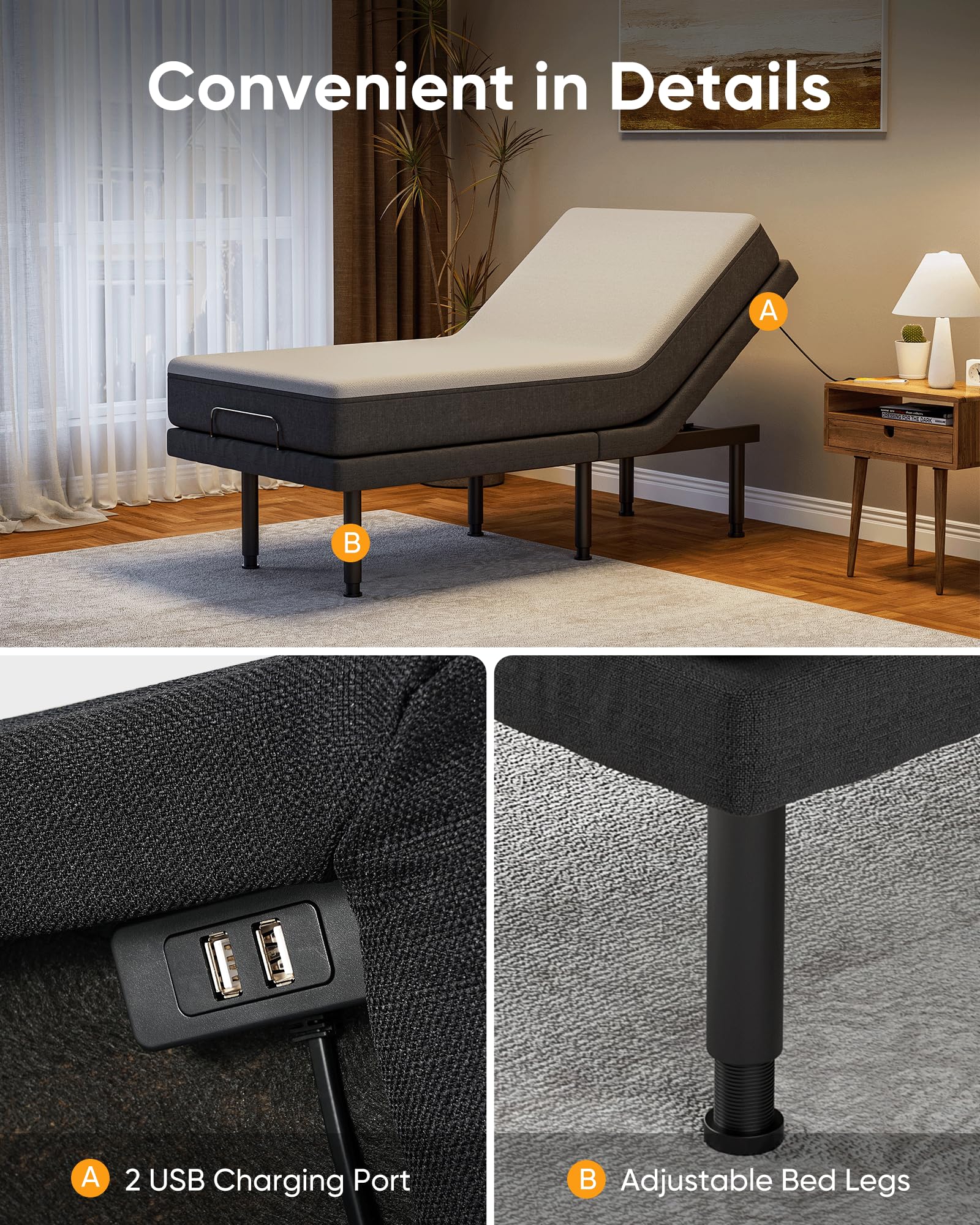 Twin XL Adjustable Bed Base Frame with 3-Speed Massage & USB Ports - Wireless Remote, Zero Gravity & Height Adjustment - Perfect for Home, Office & Guest Room Comfort