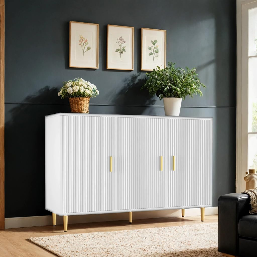 White Sideboard Buffet Cabinet with 3 Doors - Modern Accent Coffee Bar & Entryway Storage for Living Room, Kitchen, Hallway - Perfect for Home Decor, Dining Room Organization & Small Space Storage Solutions