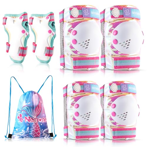 **Kids Adjustable Knee Elbow Pads Set with Wrist Guards & Drawstring Bag - Reflective Protective Gear for Roller Skating, Biking, Skateboarding & Scooter - Mermaid Design (Rose)**    **Perfect for:** Outdoor play, skate parks, bike trails, scooter rides, and roller skating adventures. Safe and stylish for girls and boys.