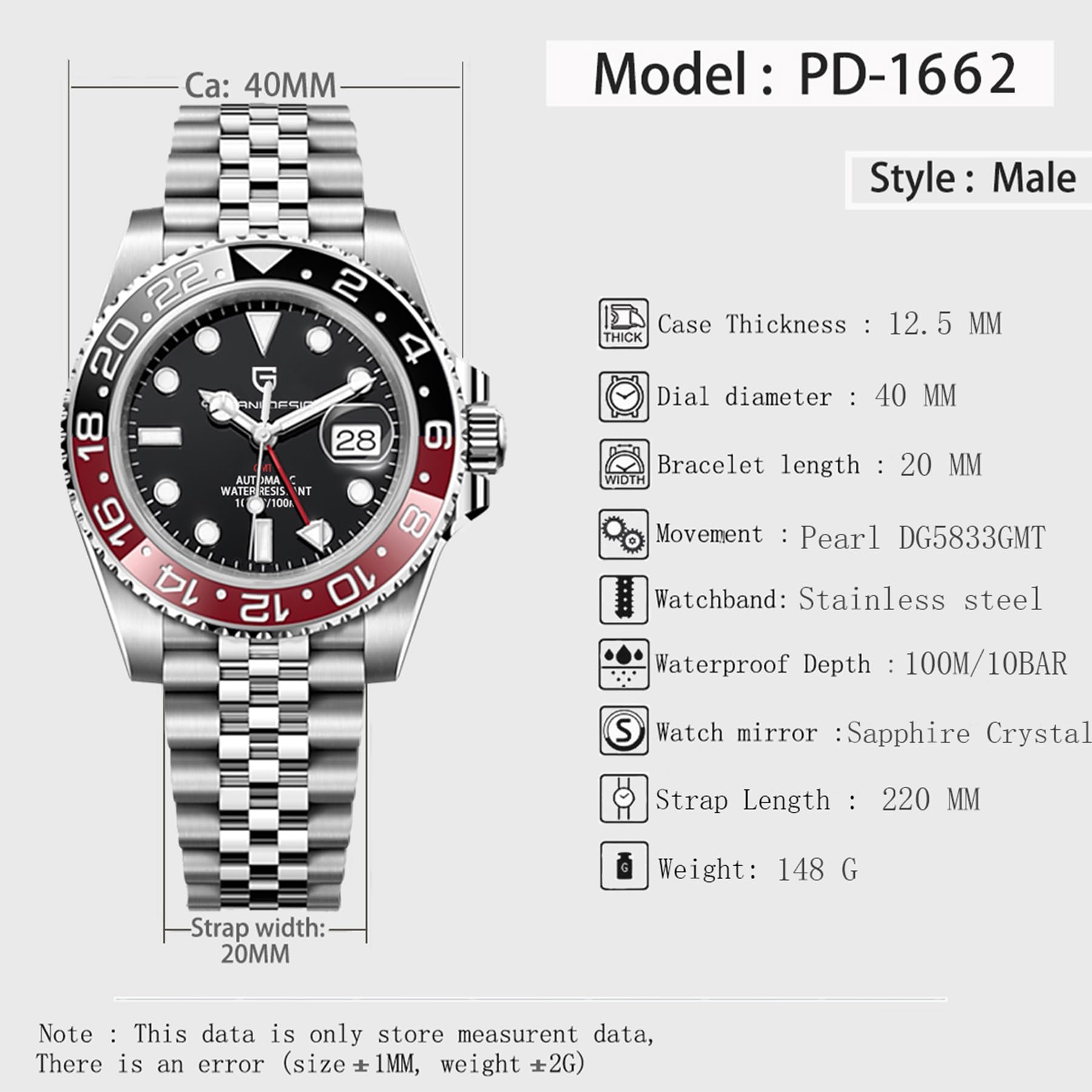 Men's GMT Stainless Steel Watch - Waterproof Sapphire Glass for Travel & Business