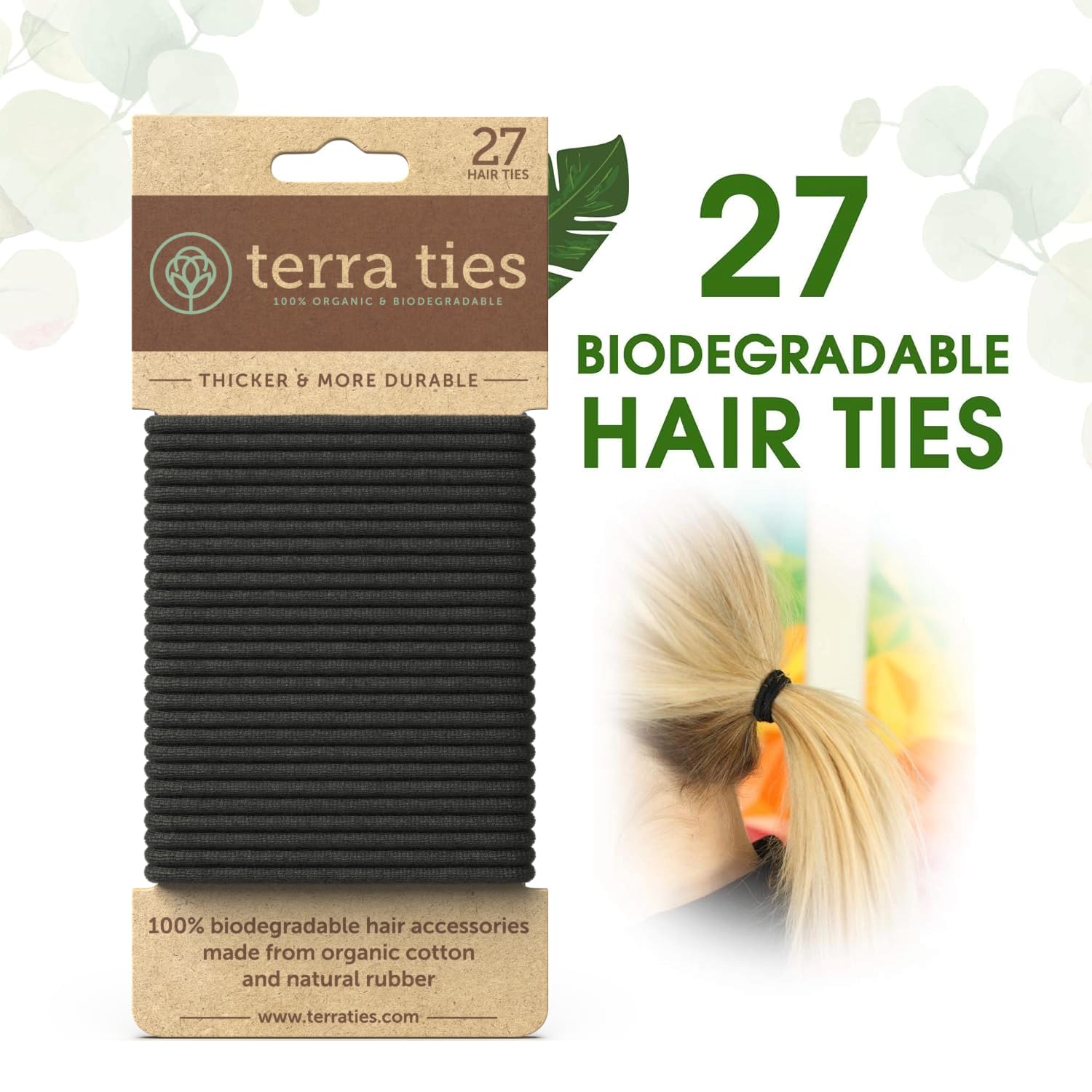 Eco-Friendly Biodegradable Hair Ties for Women & Men - Organic No-Crease Black Ponytail Holders & Bun Hair Ties - Plastic-Free Hair Bands (5mm, 27-Pack) | Perfect for Gym, Office, Travel & Everyday Use