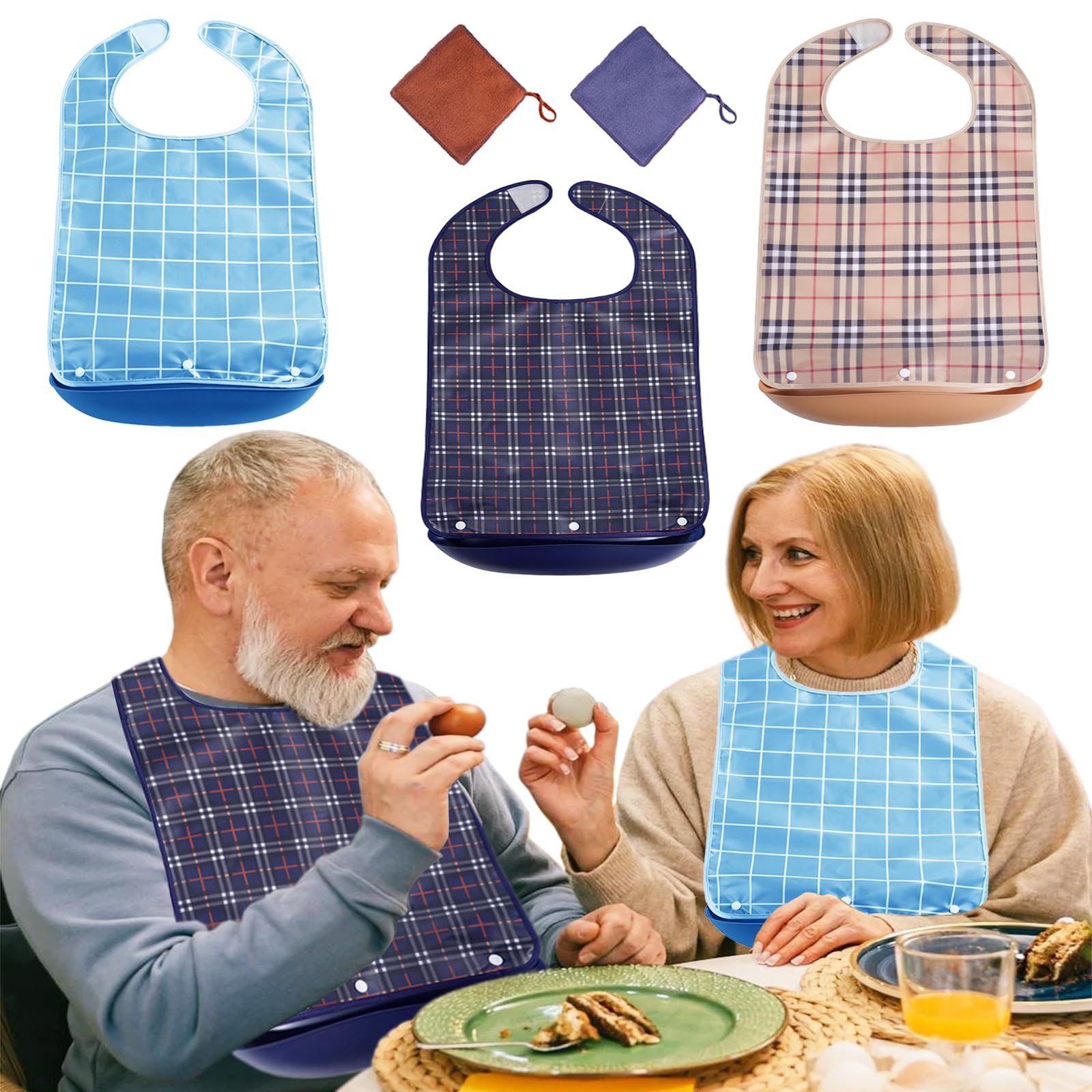 **Reusable Adult Bibs Set with Crumb Catcher - Unisex, Machine Washable Clothing Protectors for Mealtime & Daily Use**