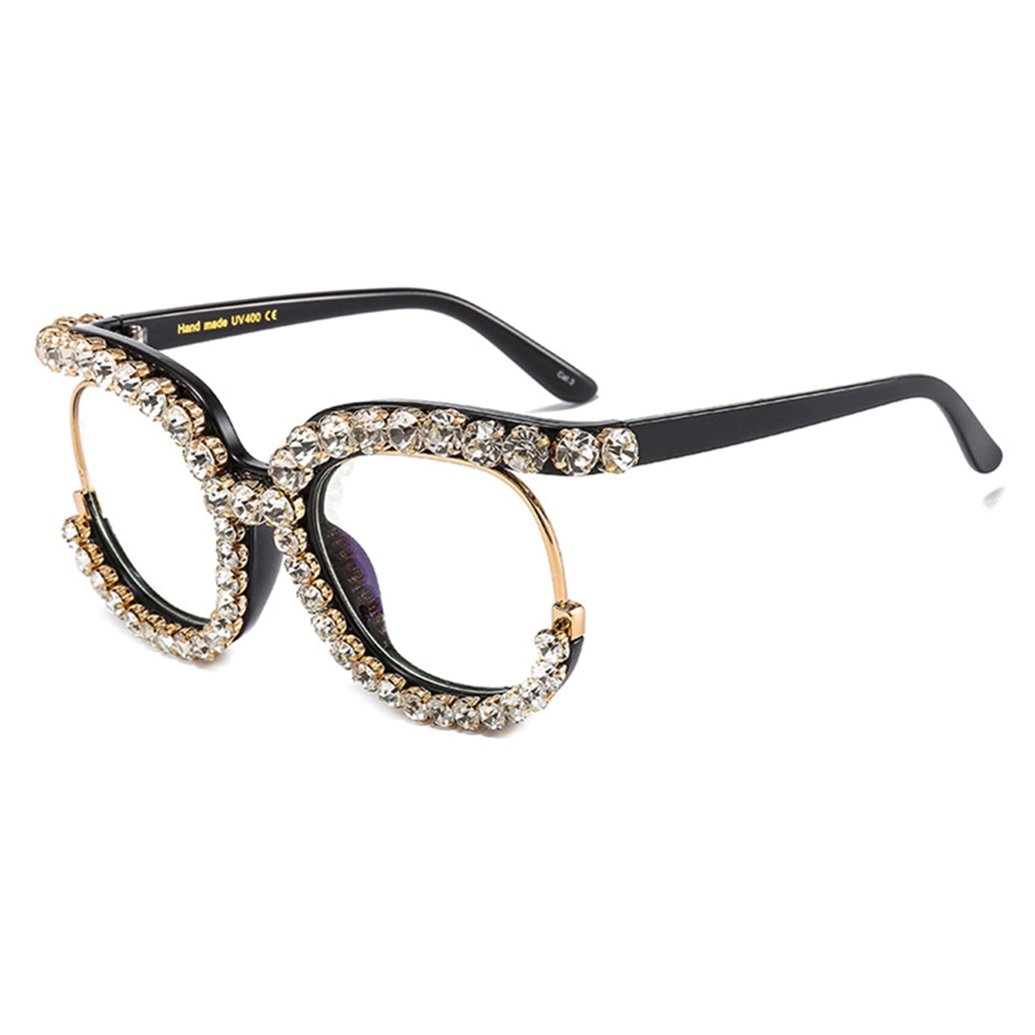 Bullabulling Vintage Fashion Women's Half-Rim Round Reading Glasses with Crystal Trim & Jeweled Frame - Costume Eyewear for Reading, Cosplay, and Retro Style Outfits