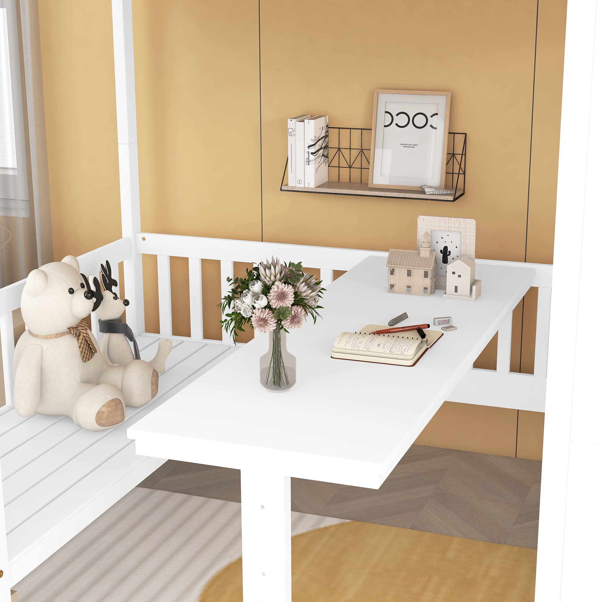 Solid Wood Full over Full Bunk Bed with Storage Staircase - Convertible Kids Bunk Bed Frame with Guardrail for Boys & Girls | Playhouse Design Twin Bunk Bed for Teens | Converts to Seating & Table Set (White) - Perfect for Small Bedrooms, Shared Kids Rooms & Space-Saving Solutions