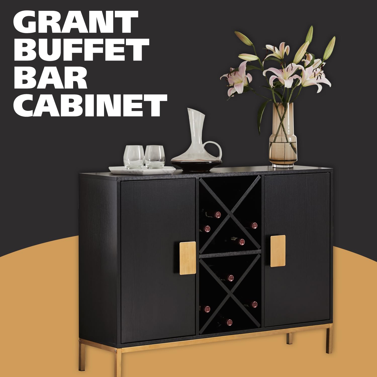 Kings Brand Furniture - Black Wine Liquor Bar Buffet Sideboard Cabinet with Wine Rack Storage for Kitchen & Dining Room | Perfect for Home Bar, Entertaining & Dining Room Organization