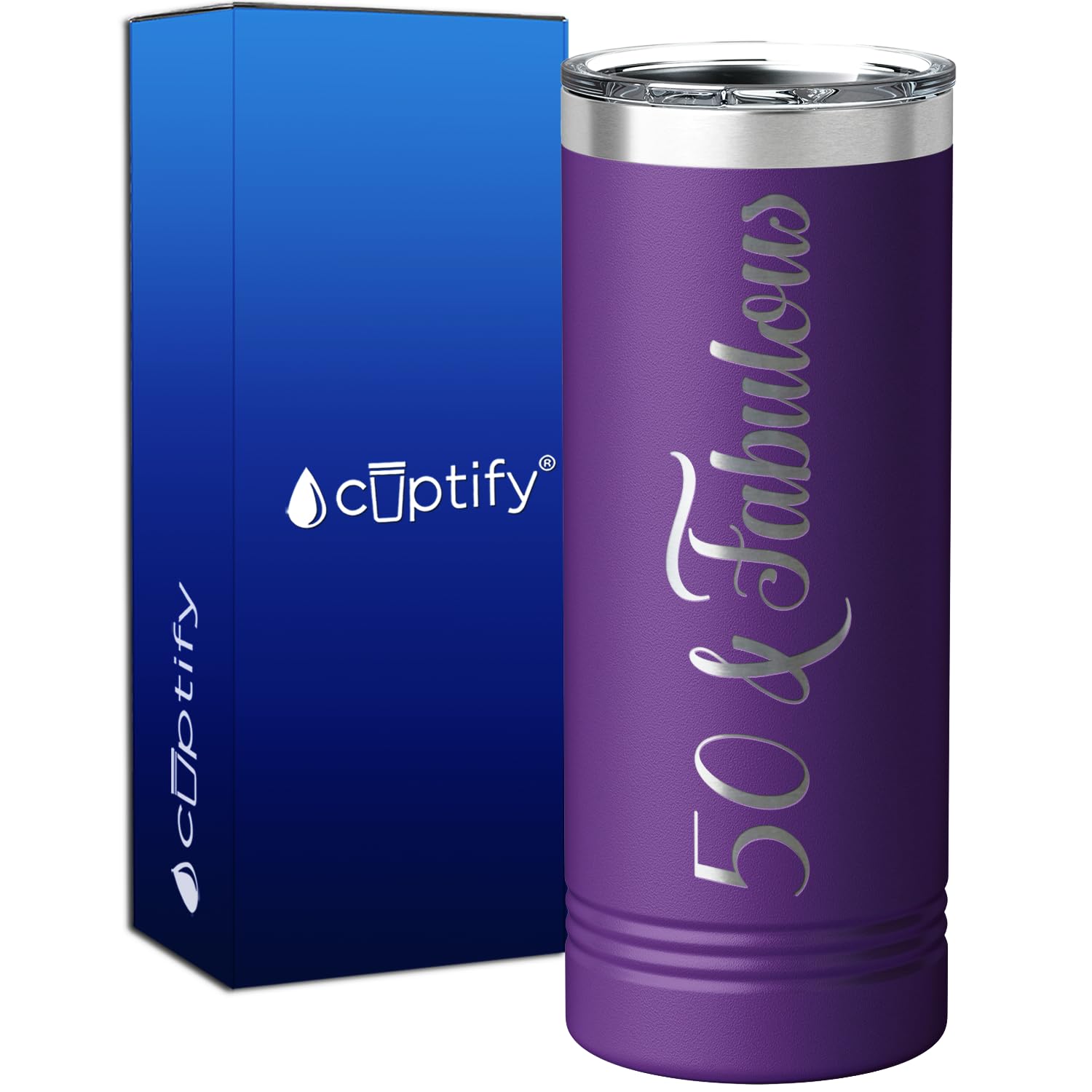 50 & Fabulous 22 oz Skinny Tumbler - Vacuum Insulated Cup for Women's 50th Birthday Gifts with Purple Decorations - Perfect for Coffee, Tea & Cold Drinks at Home, Office or Travel