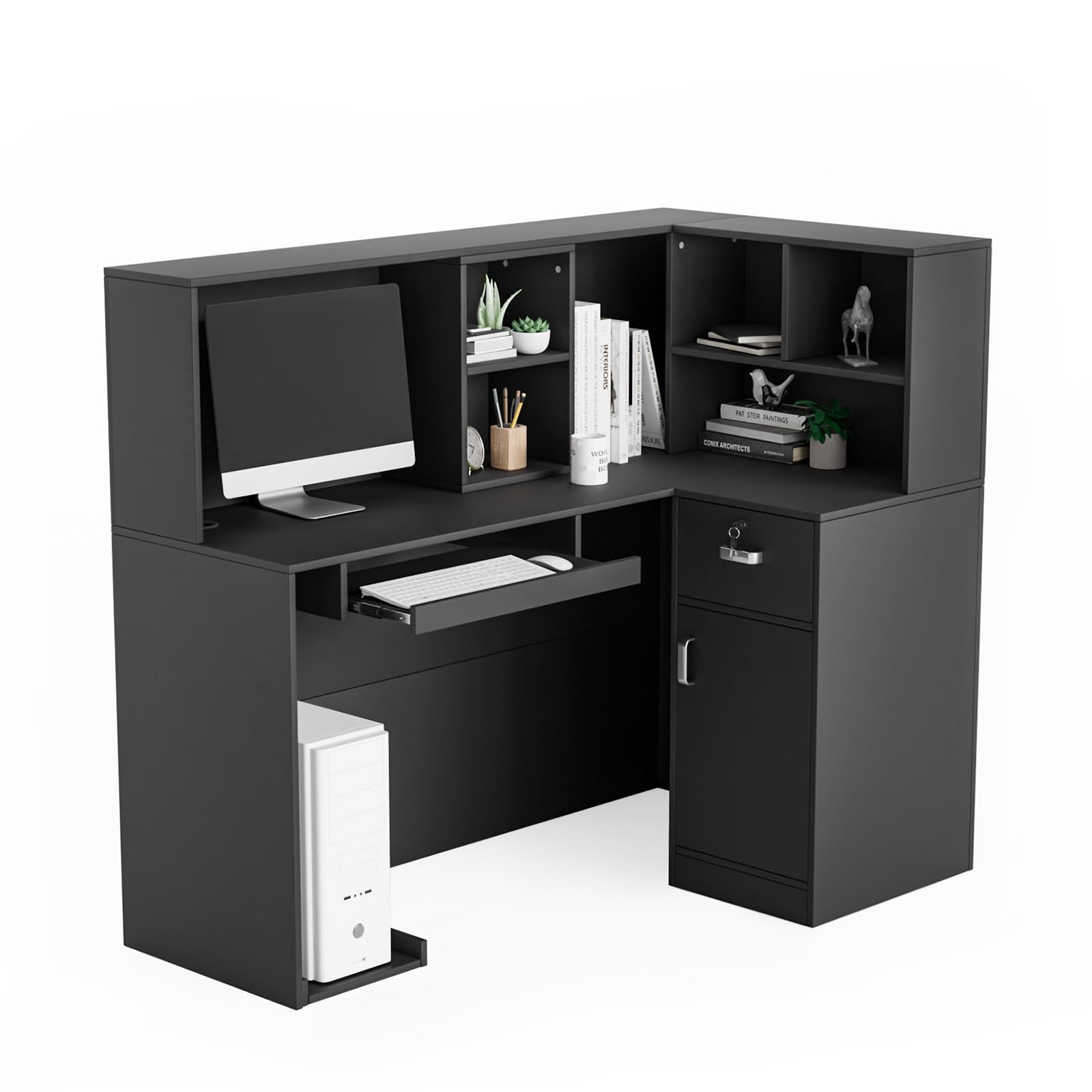 Modern L-Shaped Reception Desk with Counter - Lockable Drawers & Adjustable Shelf - Professional Office Furniture for Beauty Salon, Retail Store or Hotel Lobby - Black (55.9