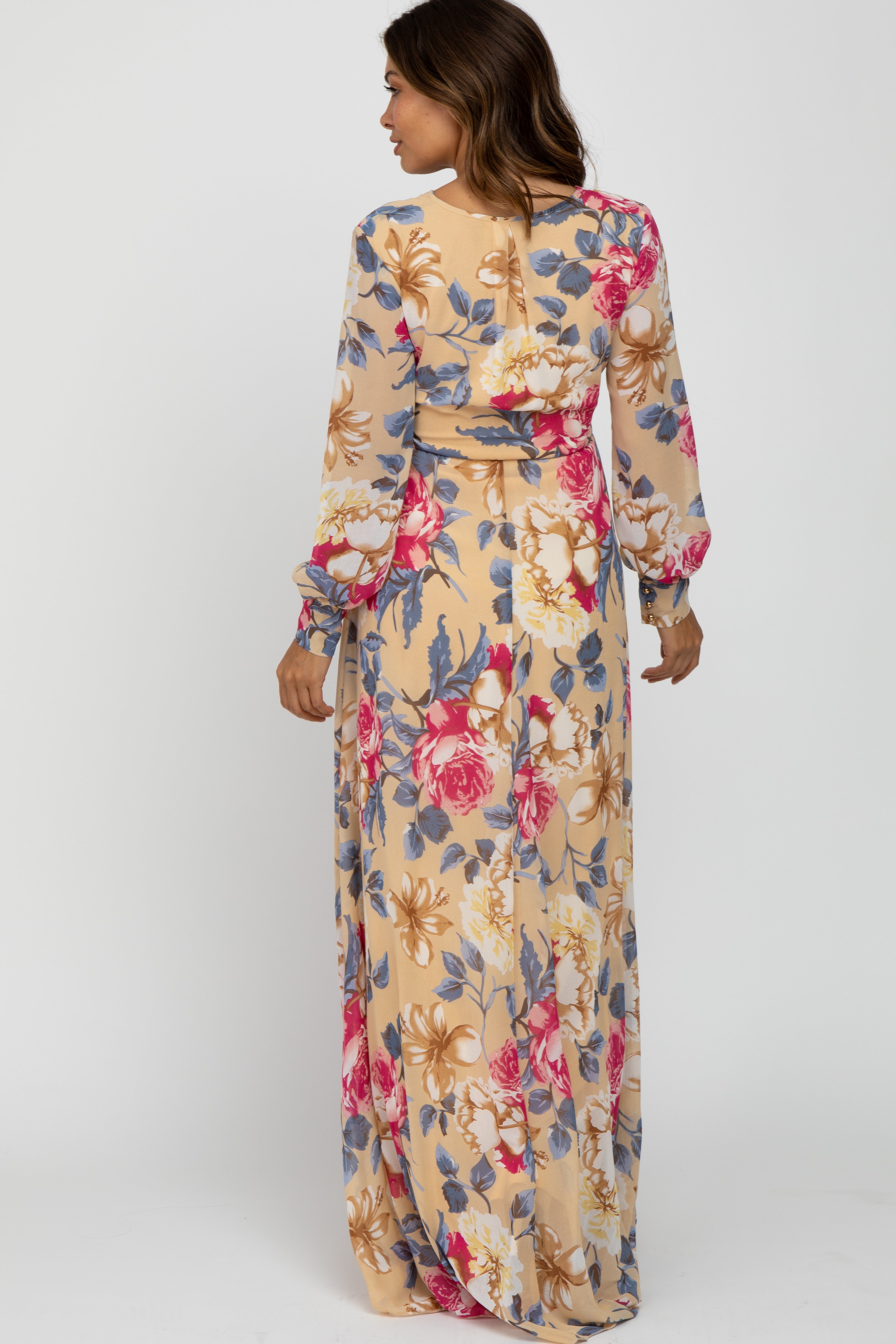 Beige Floral Chiffon Maternity Maxi Dress for Women - Elegant Pregnancy Gown for Baby Shower, Wedding & Summer Occasions