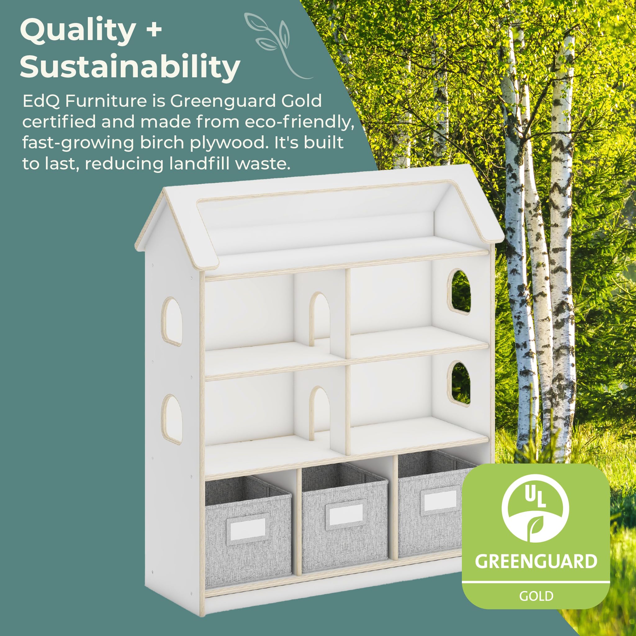 Guidecraft EdQ Dollhouse Bookcase - White: Kids Bookshelf with Storage Bins for Dolls, Books, Toys & School Supplies | Perfect for Bedroom, Playroom & Classroom Organization