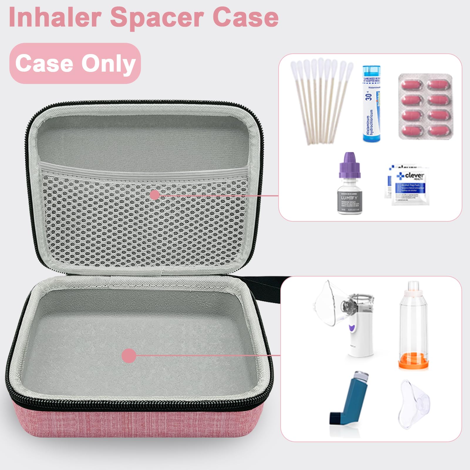 Asthma Inhaler Travel Case - Portable Hard Shell Organizer for Kids & Adults with Mesh Pocket - Holds Inhaler, Spacer, Masks & Medicine Accessories - Pink (Case Only) - Perfect for Travel, School & Daily Use