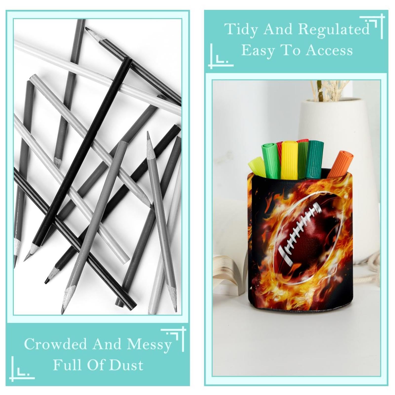 Premium Pen Holder for Desk - Stylish Pen Organizer with American Football & Fire Design - Perfect Desk Accessories for Office, Home & School Organization