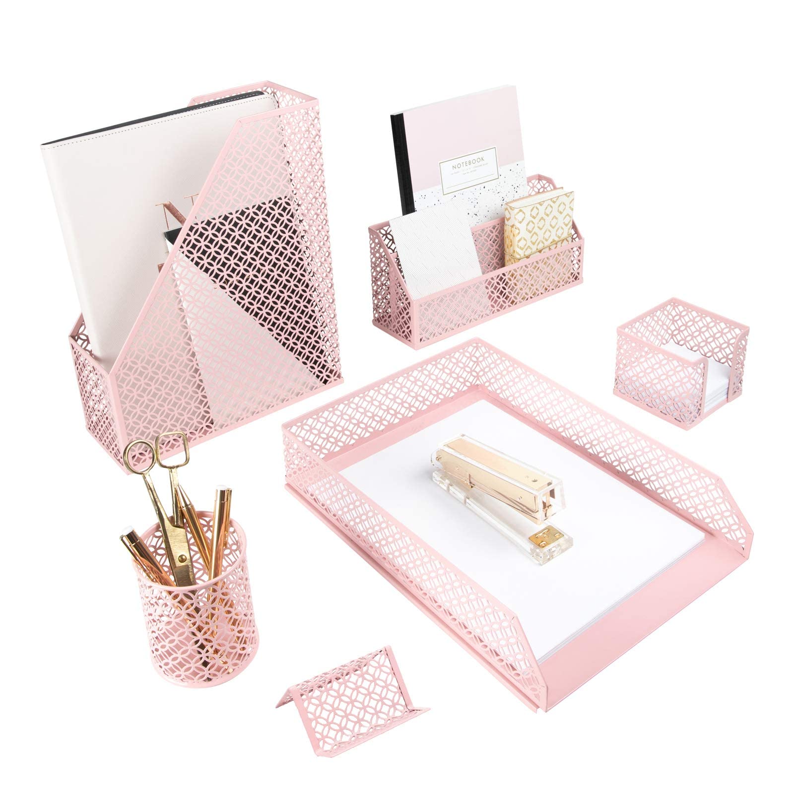 BLU MONACO Pink Desk Organizer Set - Stylish Mail Sorter, Sticky Note Holder, Pen Cup, Magazine Holder, Letter Tray & Business Card Holder | Perfect for Office, Home & Workspace Organization - Elegant Pink Office Decor
