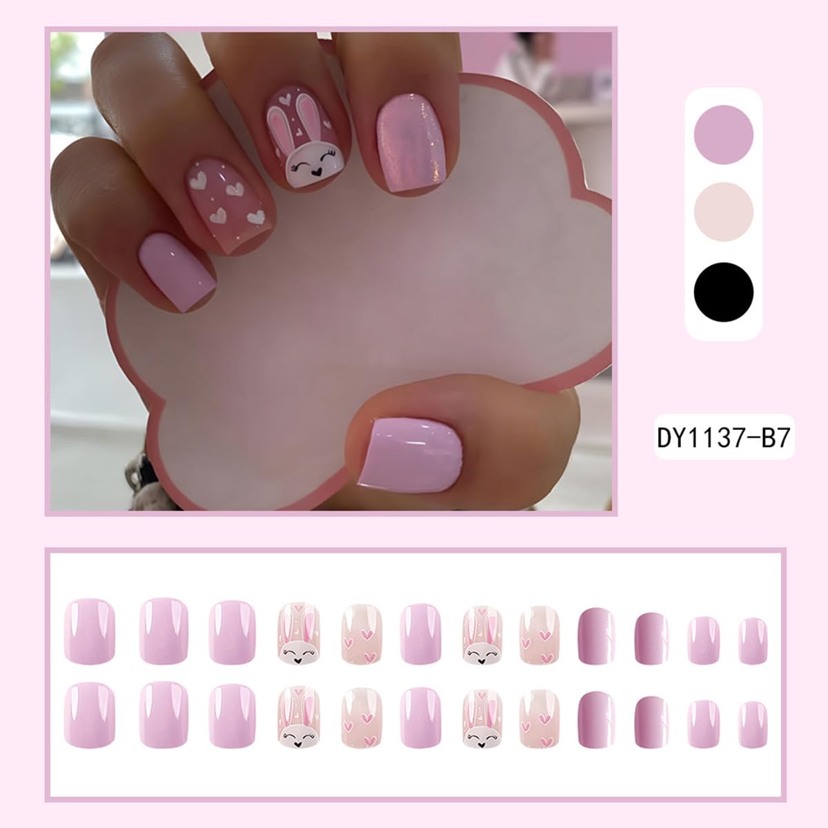 Easter Press on Nails Short Square Fake Nails - 24Pcs Bunny Rabbit Love Heart Design Acrylic Nail Kit | Pink & White Glue on Nails for Easter Party, Spring Nail Art, Holiday Manicure Decorations