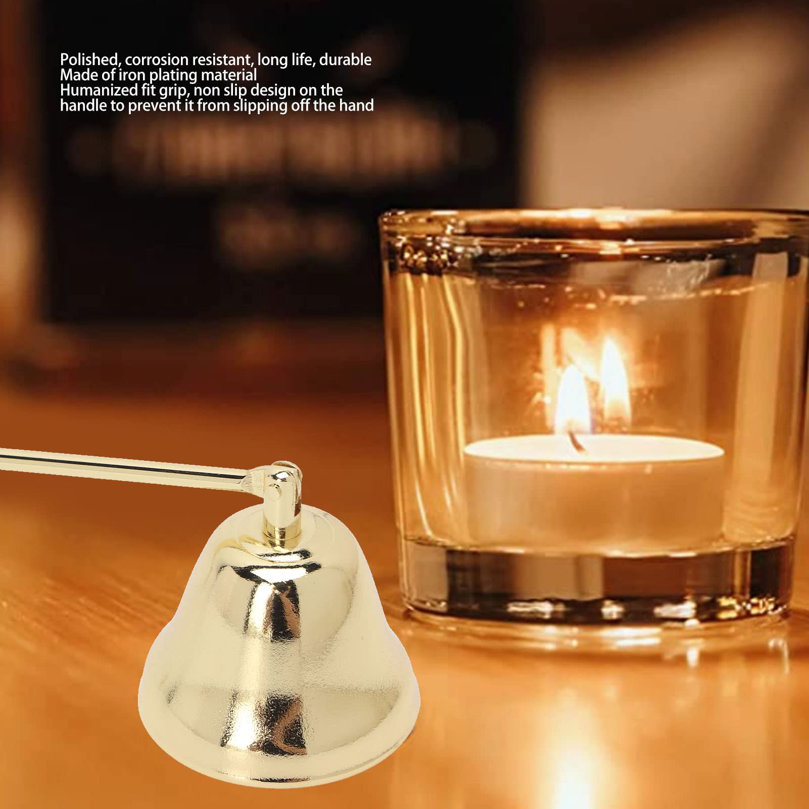 Golden Iron Plated Candle Snuffer Set with Long Handle - Bell Shape Wick Extinguisher for Home Decor, Wedding, Church & Relaxation