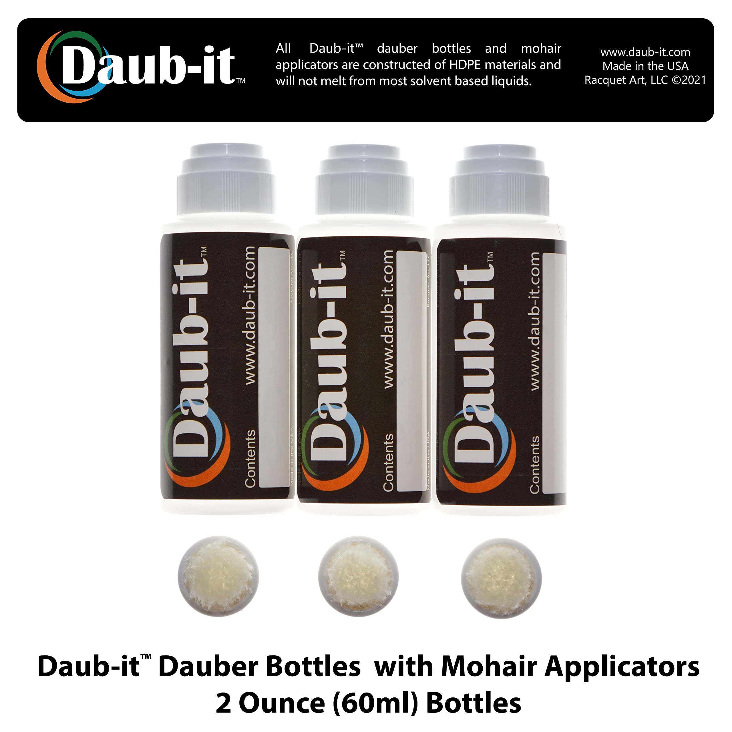 Daub-it™ Empty Bottles with Applicators - 2 oz Mohair Dauber Bottles for Nail Polish, Leather Dye & Wood Stains - 3 Pack Set for DIY Crafts & Professional Use