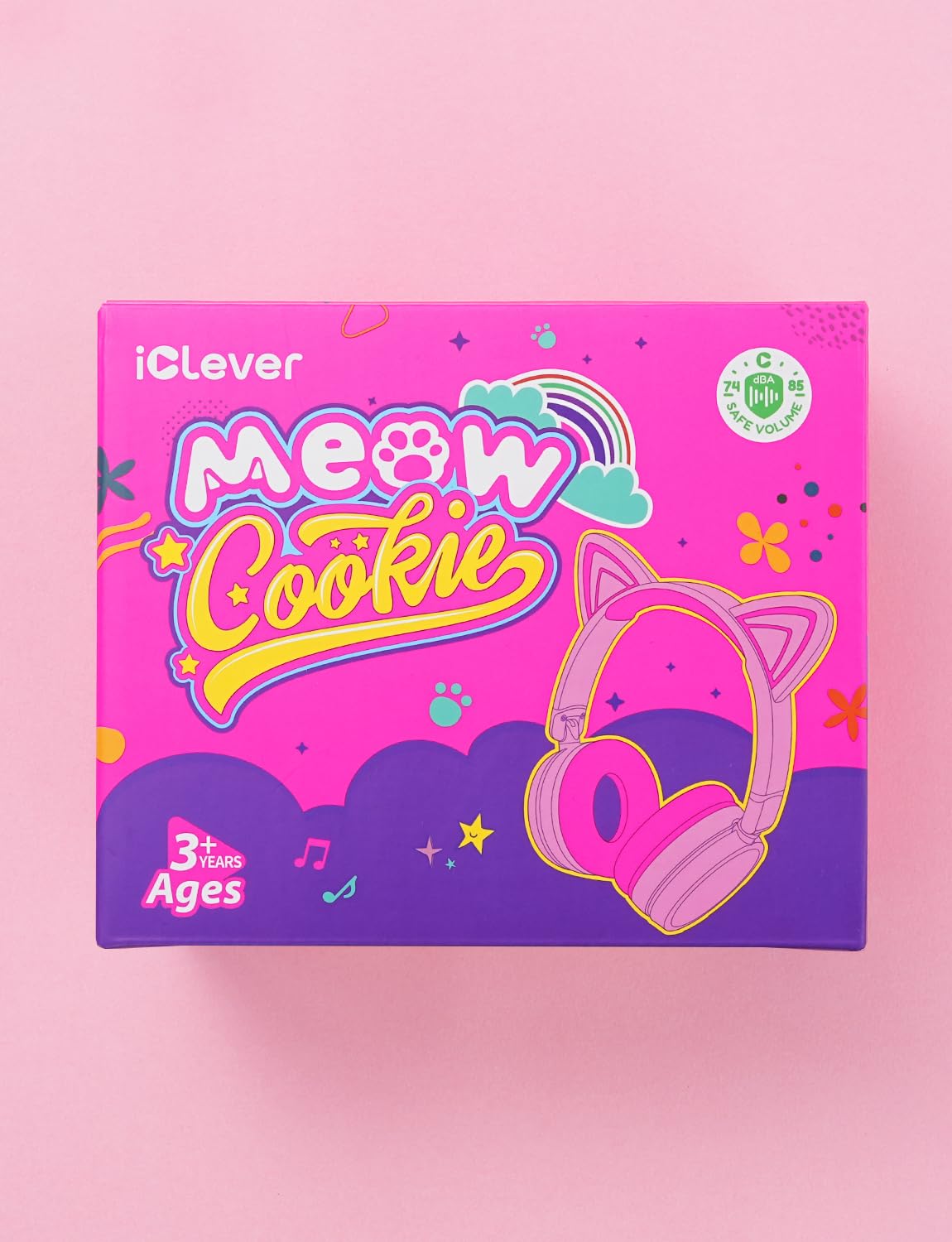 iClever Kids Bluetooth Headphones with Light Up Cat Ears - 60H Playtime, USB-C Fast Charging, Safe Volume 74/85dB - Wireless Toddler Headphones for iPad, Tablets & Travel (Meow Cookies Purple) - Perfect for School, Airplane & Home Learning