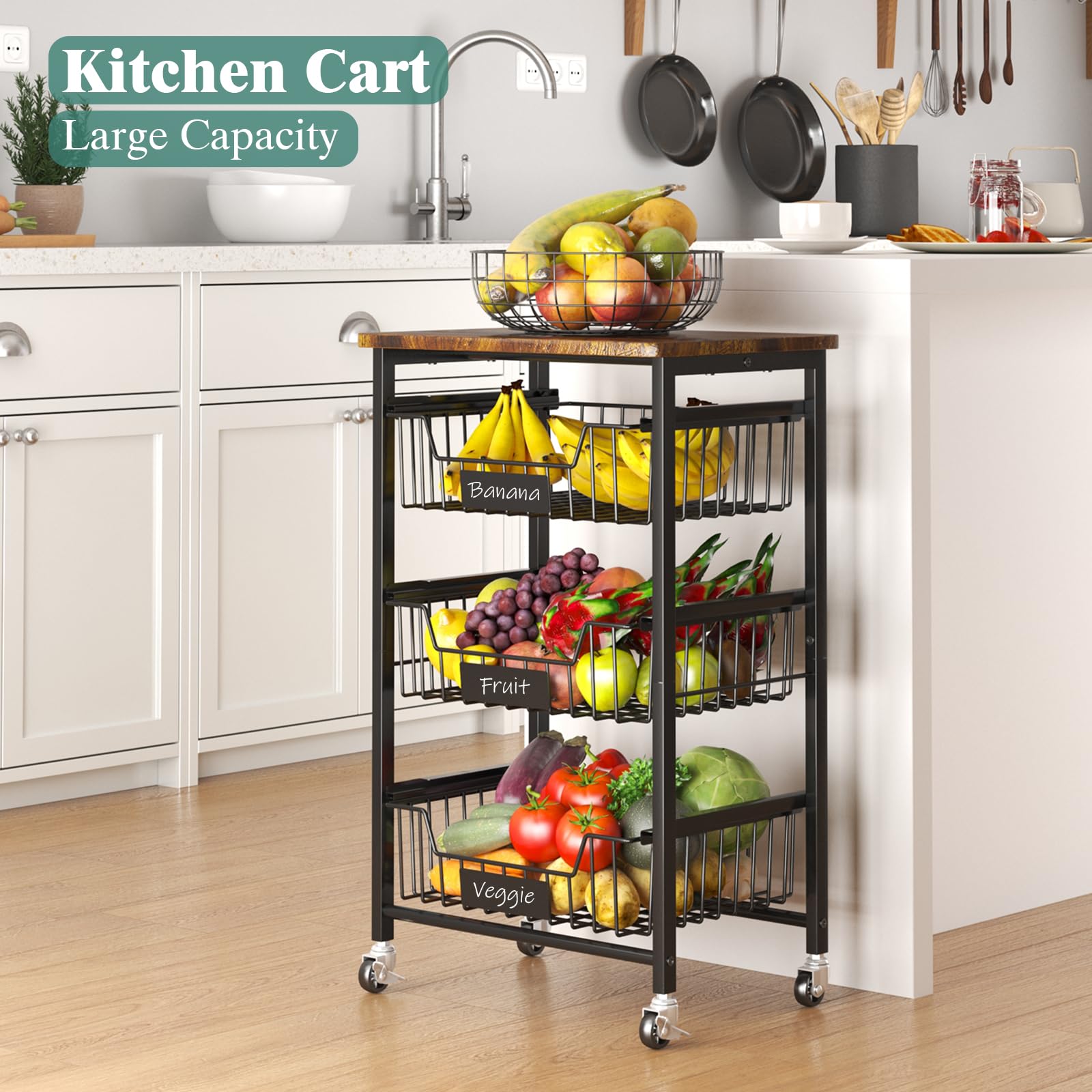 4-Tier Rolling Kitchen Cart with Pull-Out Baskets & Wood Top - Space Saving Storage for Fruits, Vegetables, Pantry Items - Perfect for Kitchen, Dining Room, Small Apartment Organization