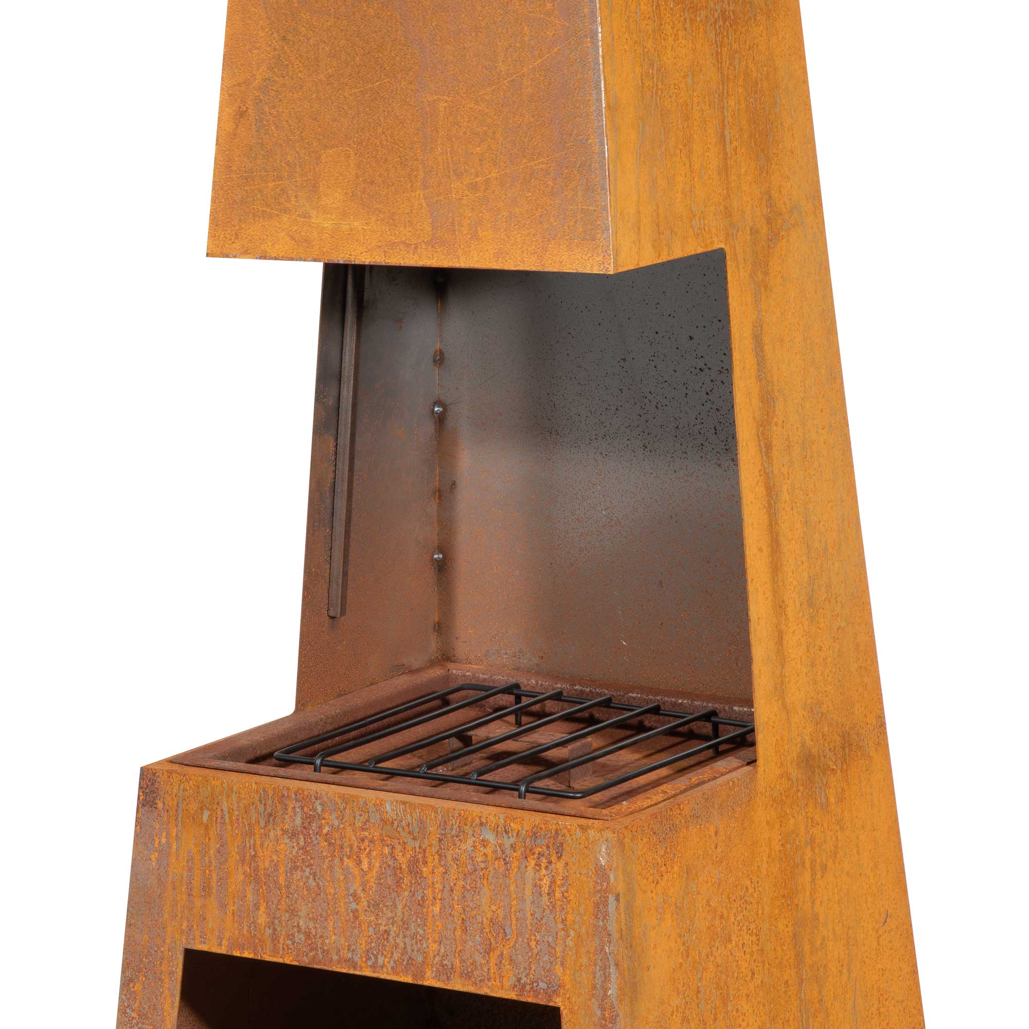 Outdoor Pyramid Chiminea Fire Pit - Corten Steel Fireplace Heater with Firewood Storage (Model DG108) - Perfect for Backyard, Patio, and Garden Gatherings